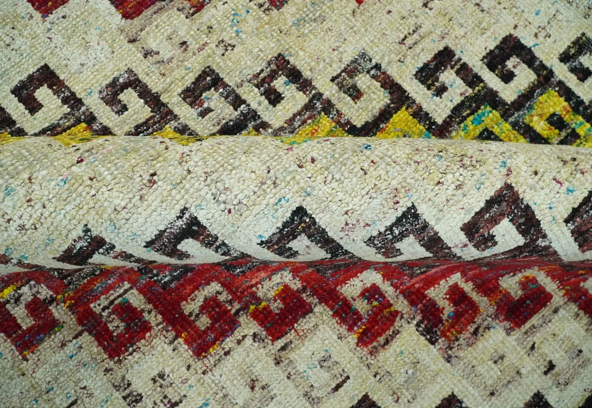 8x10 Ivory, Maroon, Black and Mustard Greek key design Hand Knotted wool area rug - Image 6