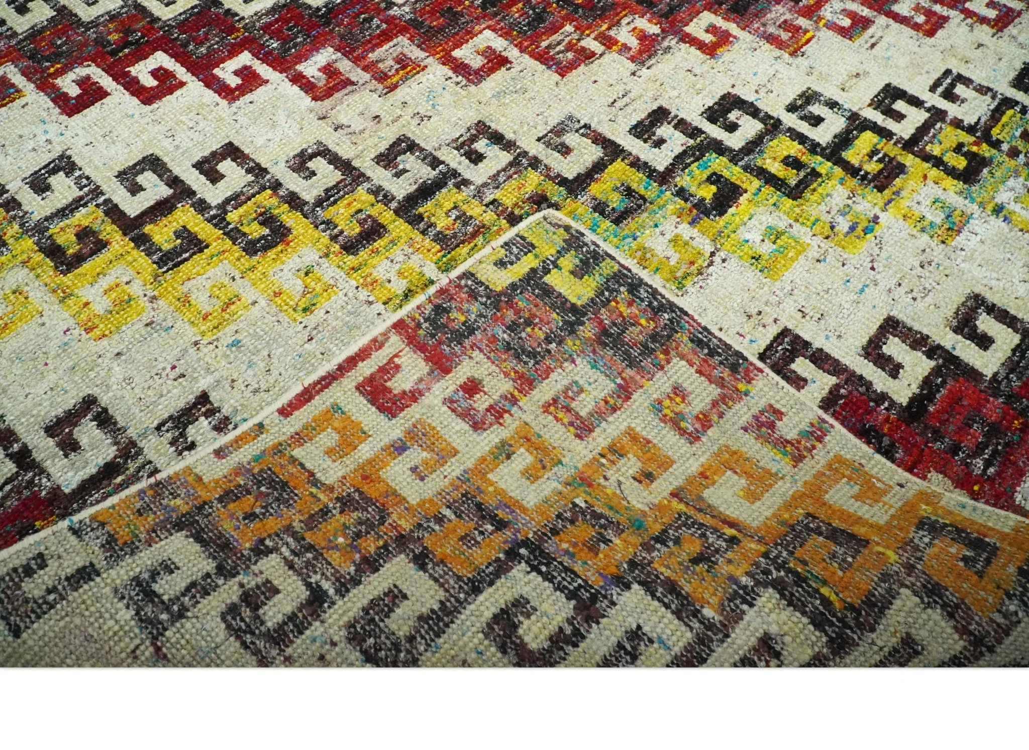 8x10 Ivory, Maroon, Black and Mustard Greek key design Hand Knotted wool area rug - Image 7