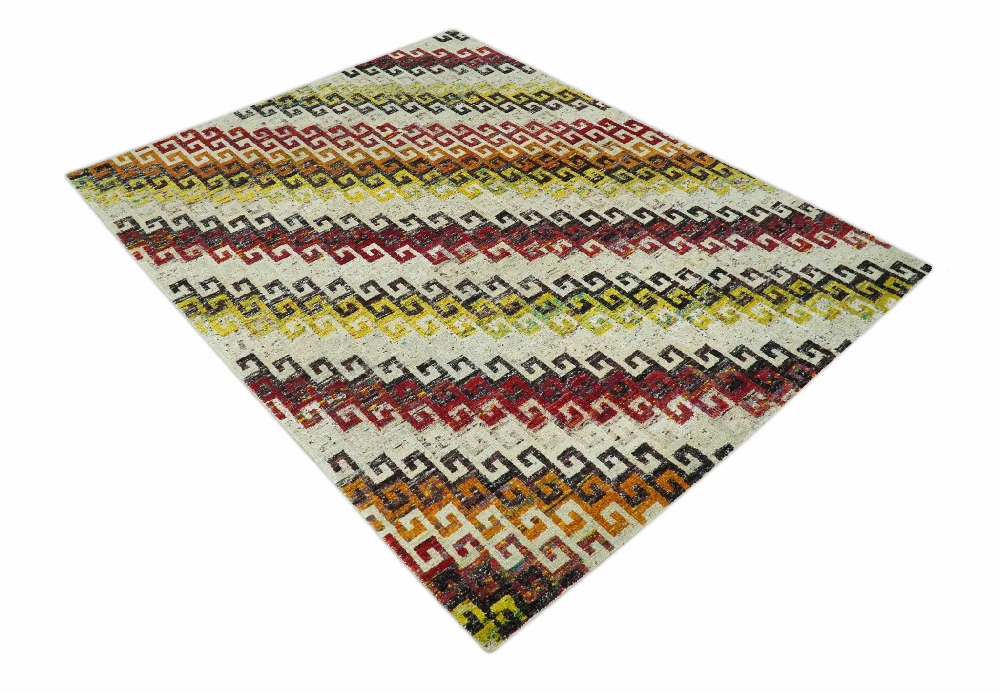 8x10 Ivory, Maroon, Black and Mustard Greek key design Hand Knotted wool area rug - Image 9
