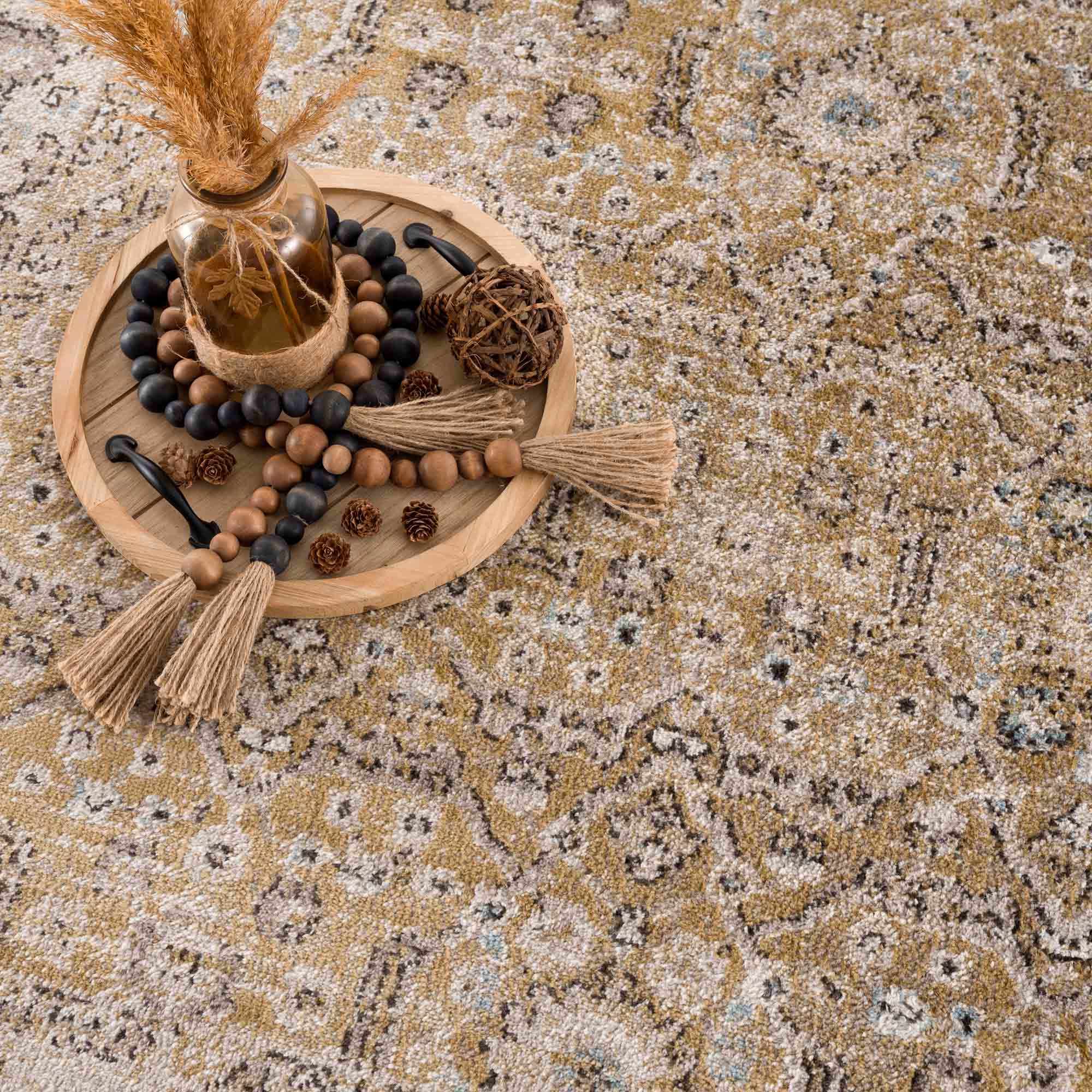 Ivory, Mustard and Charcoal Traditional Design Area Rug - Image 2