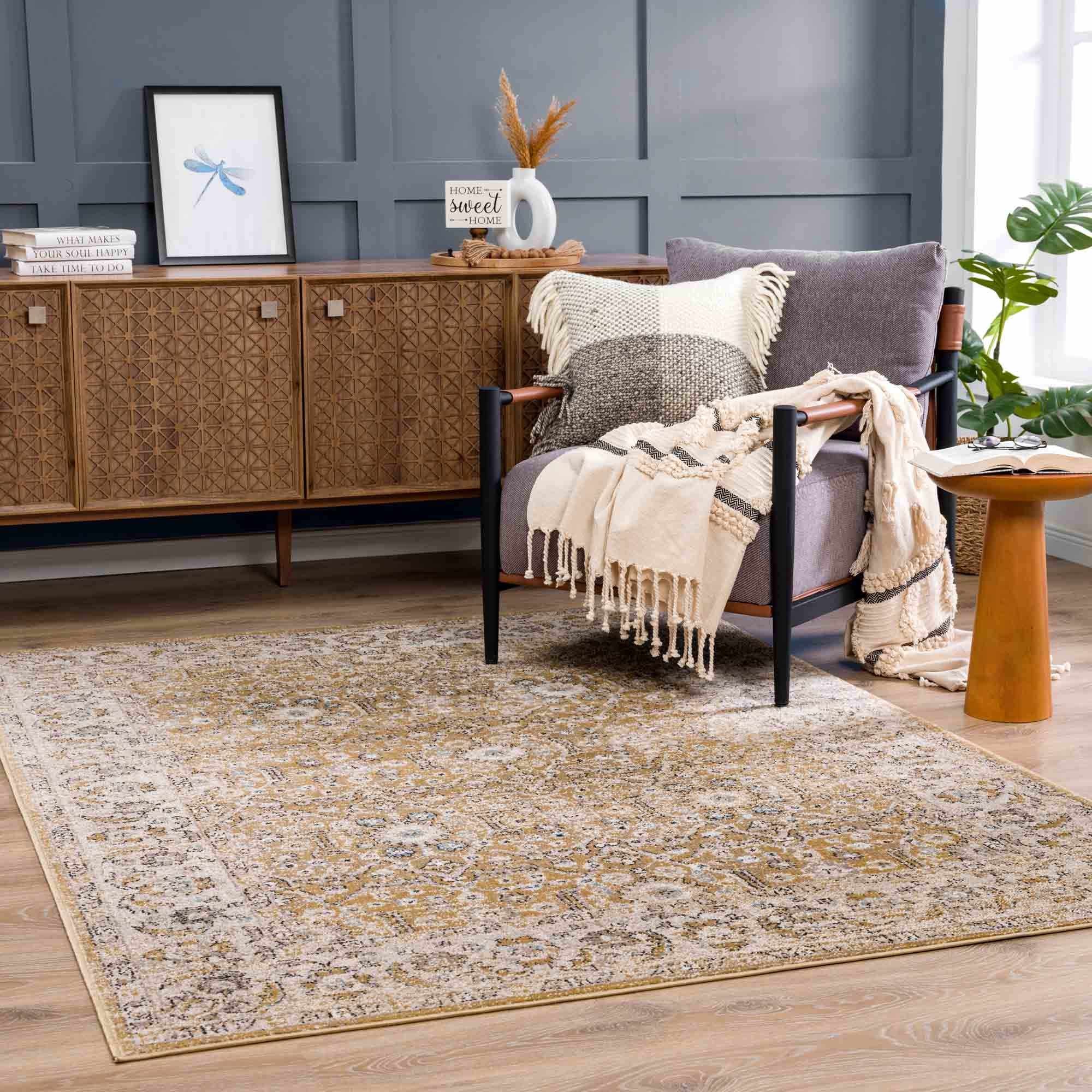 Ivory, Mustard and Charcoal Traditional Design Area Rug - Image 3