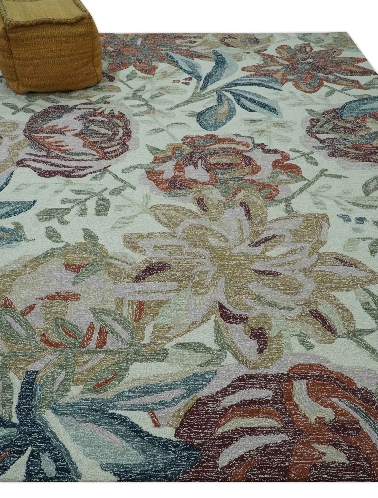 Colorful Ivory, Olive and Brown Floral Design Hand Tufted Custom Made wool Rug - Image 3