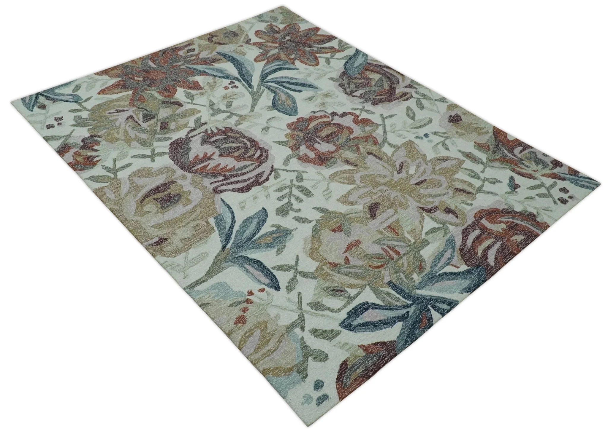 Colorful Ivory, Olive and Brown 8x10 Floral Design Hand Tufted wool Rug - Image 9