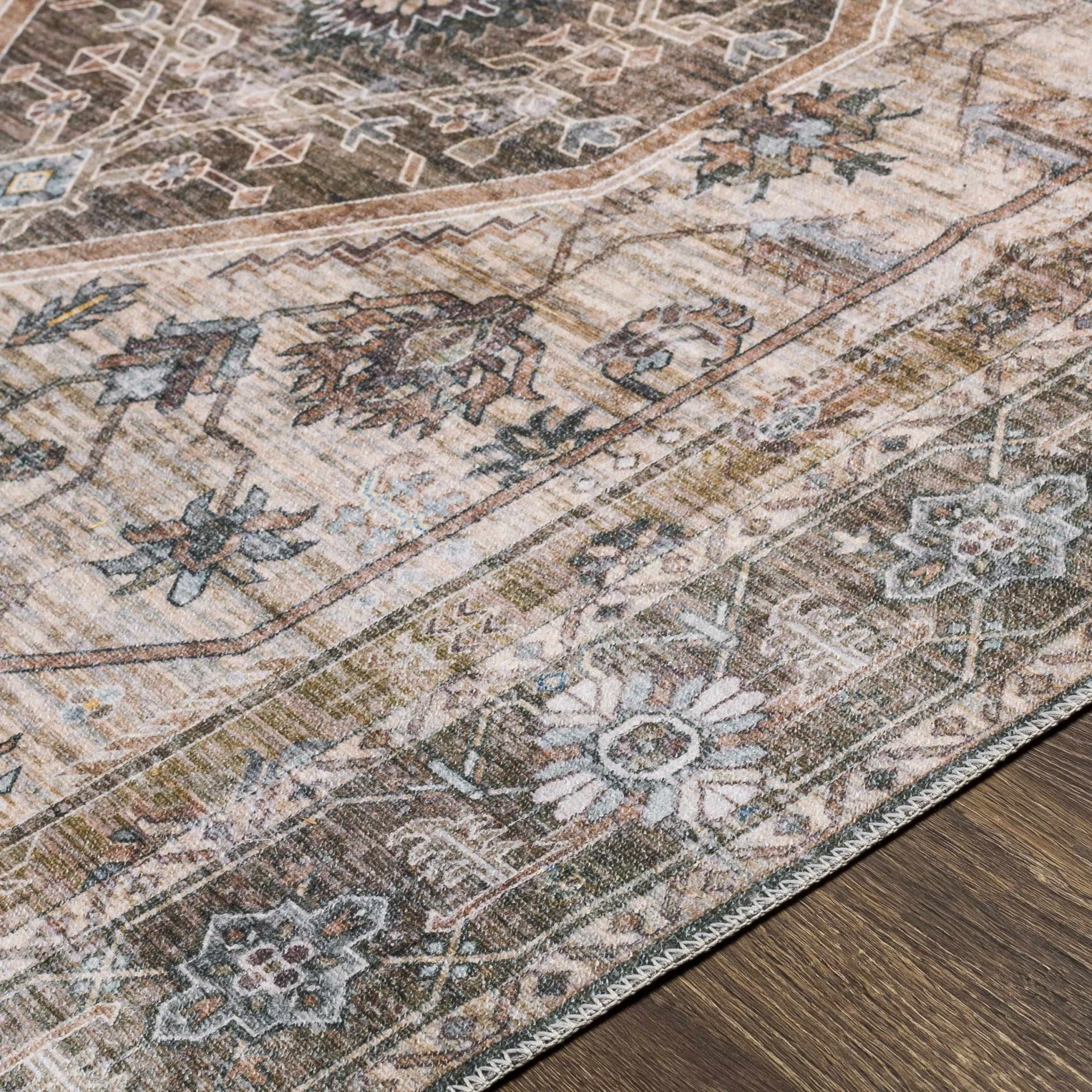 Ivory, Olive and Brown Vintage Style Traditional Floral washable Area Rug - Image 10