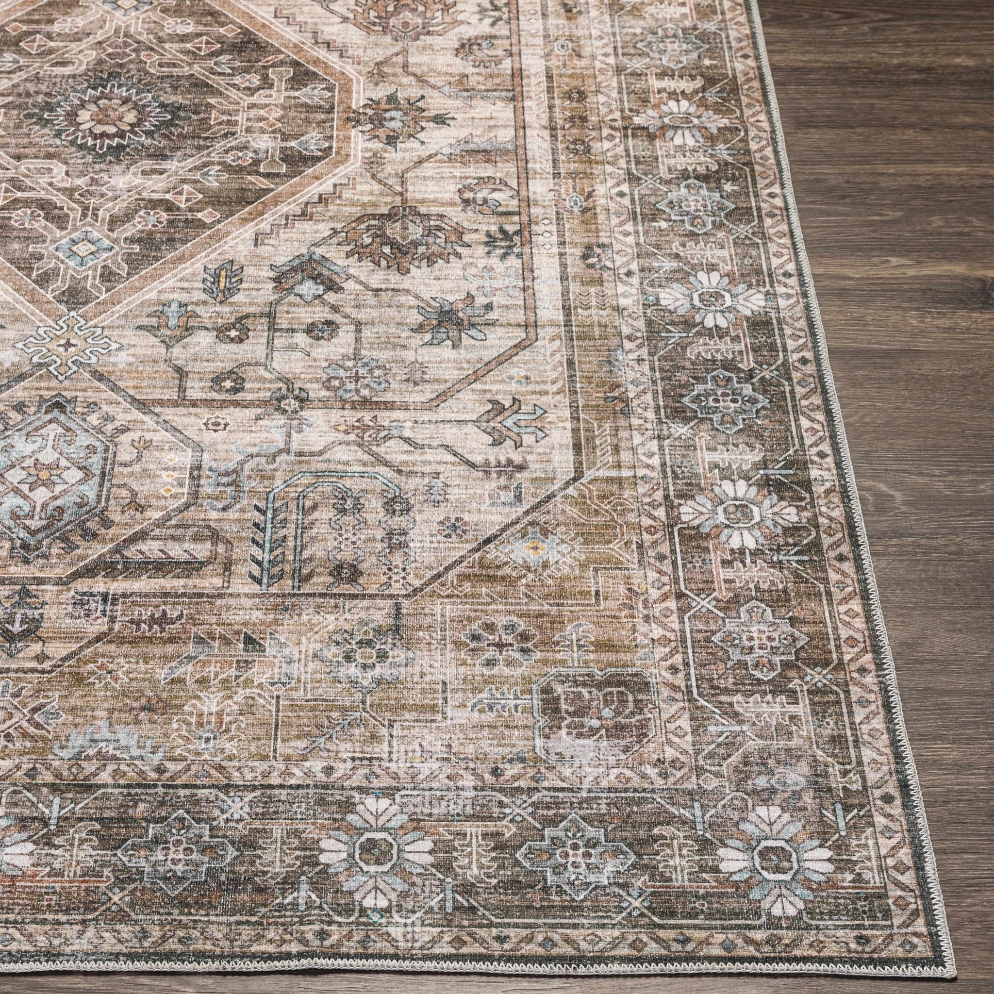 Ivory, Olive and Brown Vintage Style Traditional Floral washable Area Rug - Image 12