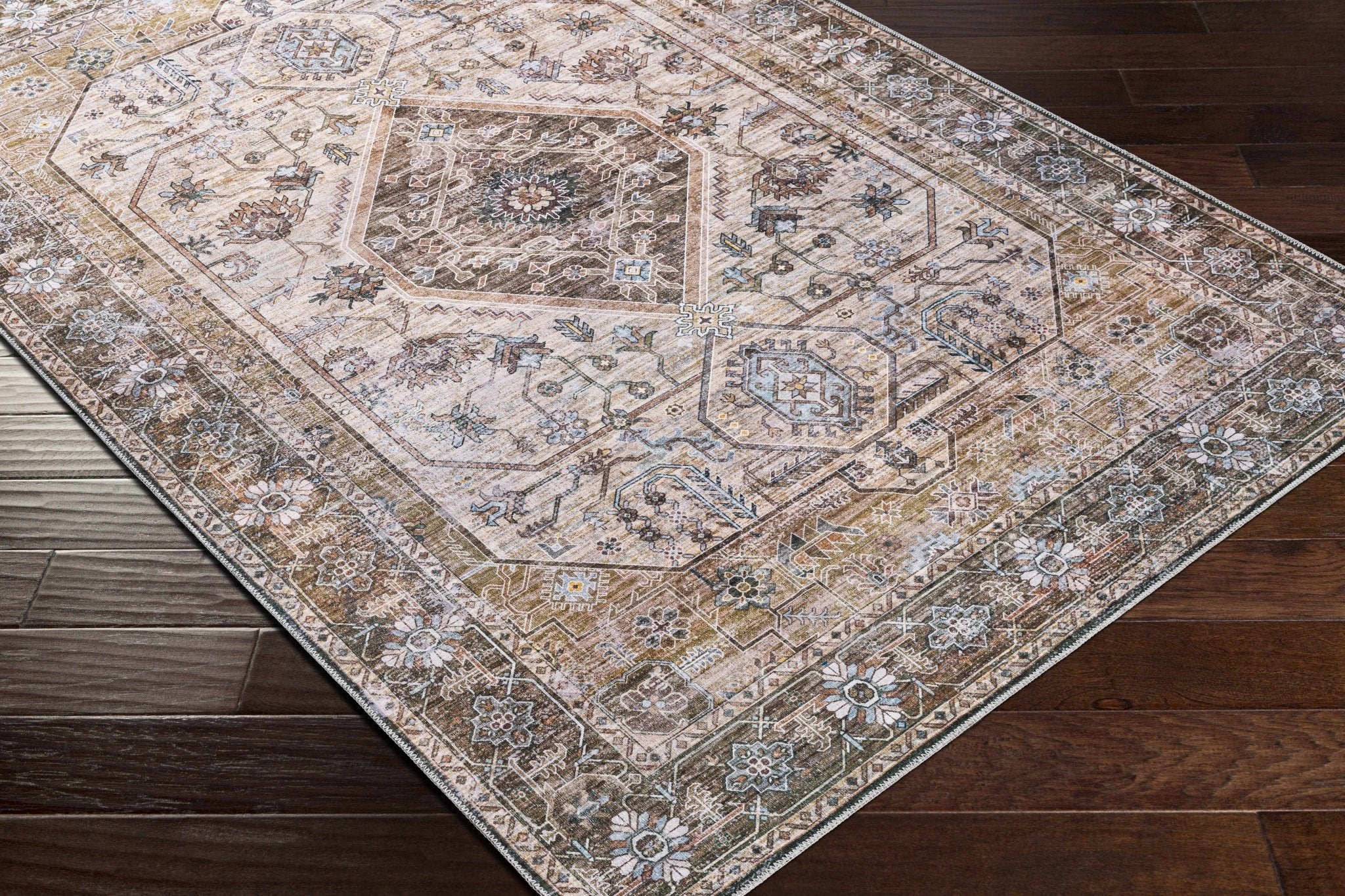 Ivory, Olive and Brown Vintage Style Traditional Floral washable Area Rug - Image 13