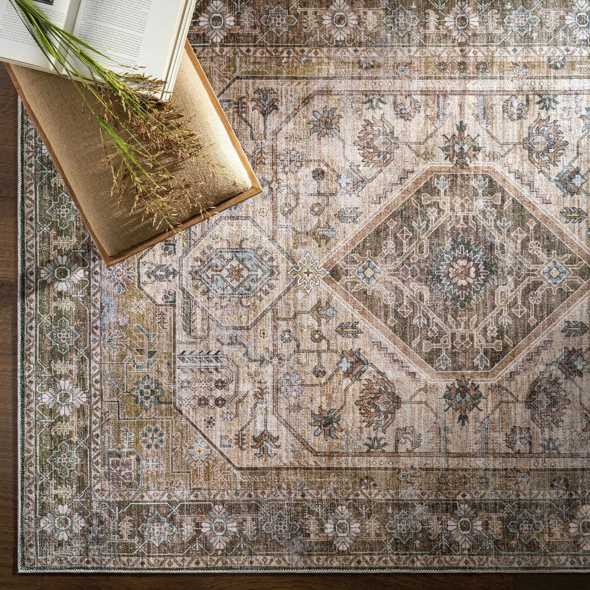 Ivory, Olive and Brown Vintage Style Traditional Floral washable Area Rug - Image 2