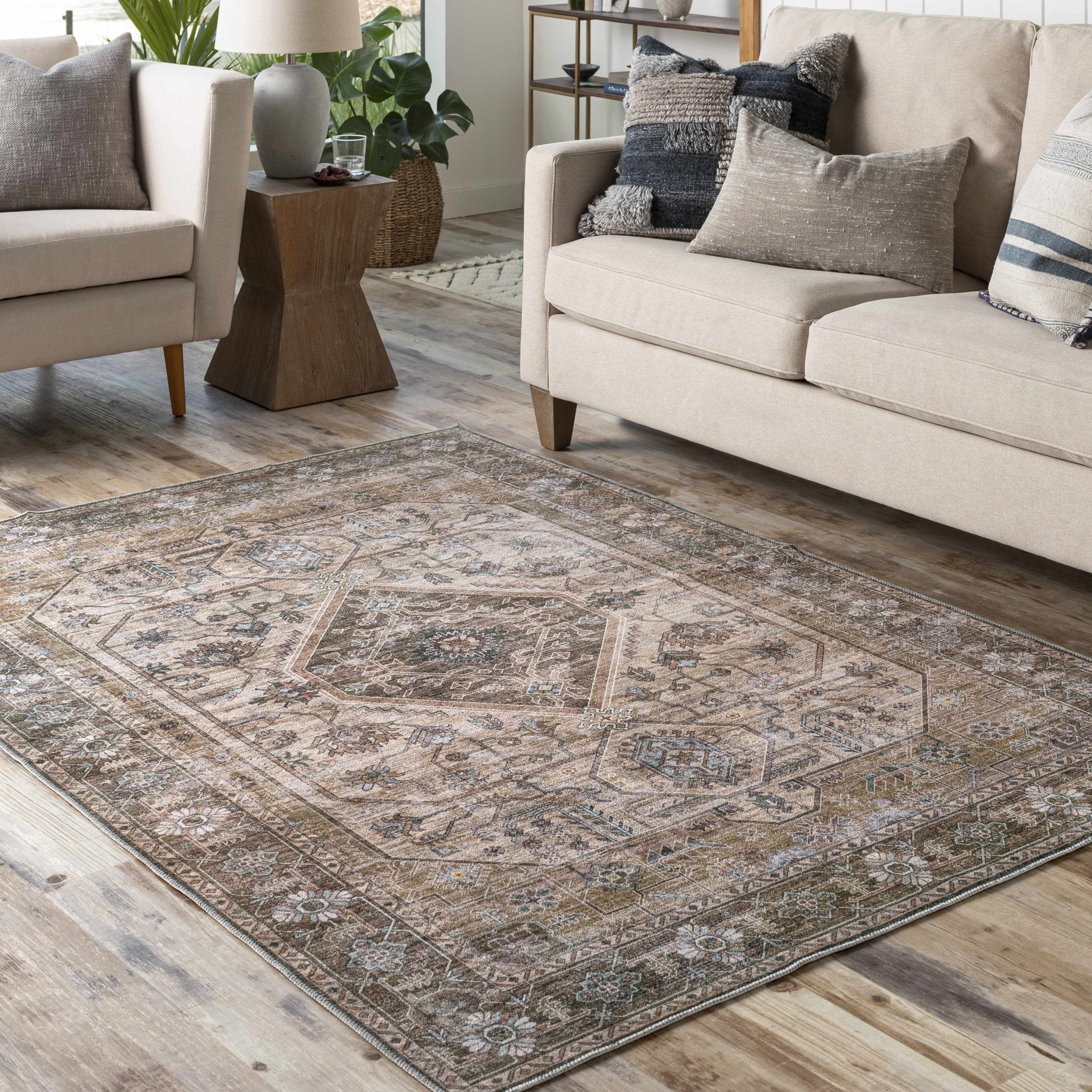 Ivory, Olive and Brown Vintage Style Traditional Floral washable Area Rug - Image 3