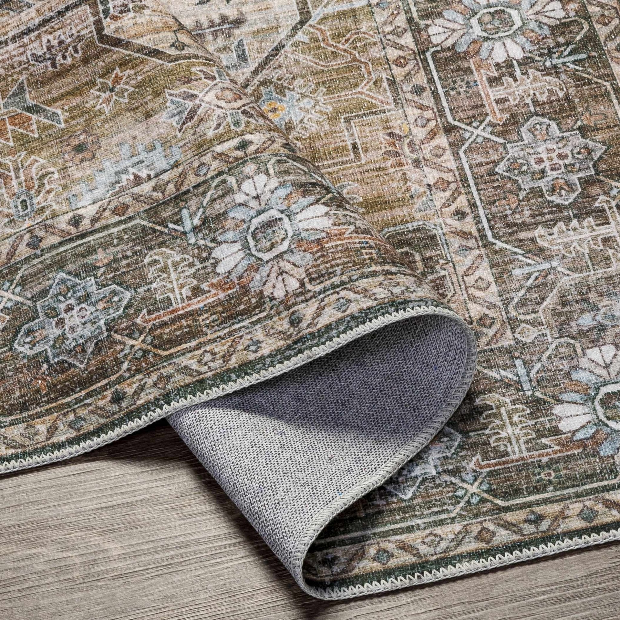 Ivory, Olive and Brown Vintage Style Traditional Floral washable Area Rug - Image 4