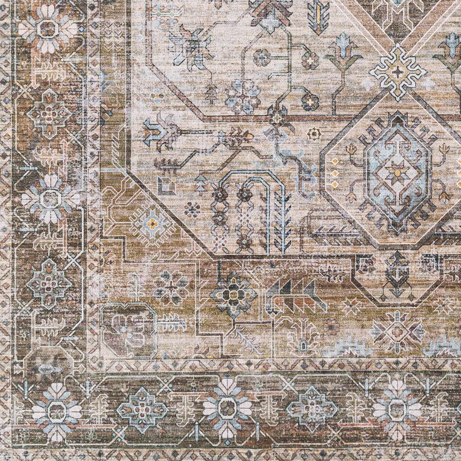 Ivory, Olive and Brown Vintage Style Traditional Floral washable Area Rug - Image 9