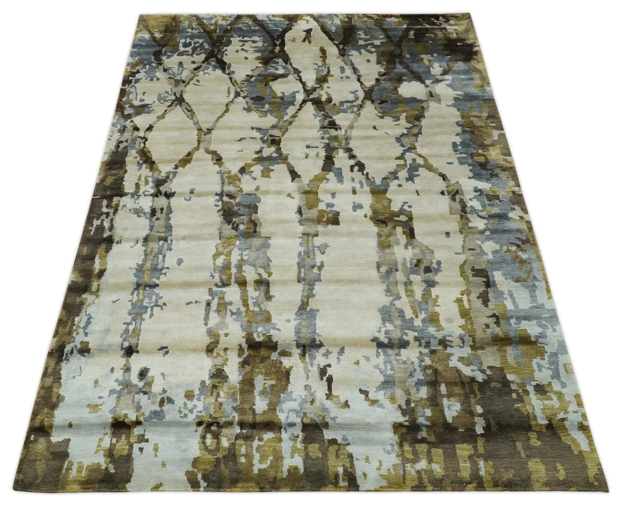 Ivory, Olive and Gray Modern Abstract 6x9 Hand Knotted Bamboo Silk Area Rug - Image 10