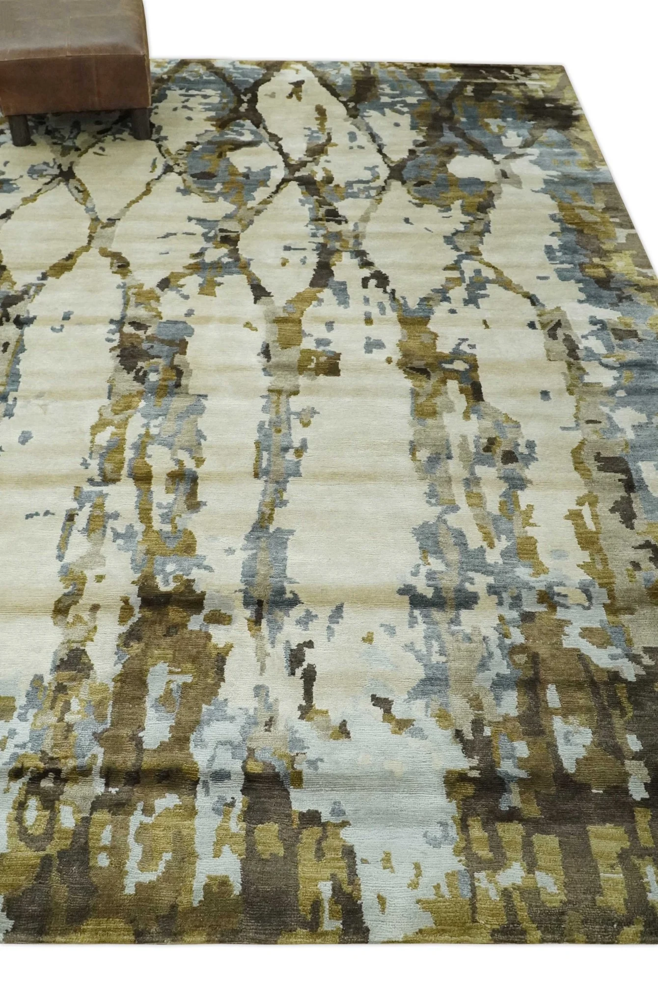 Ivory, Olive and Gray Modern Abstract 6x9 Hand Knotted Bamboo Silk Area Rug - Image 3