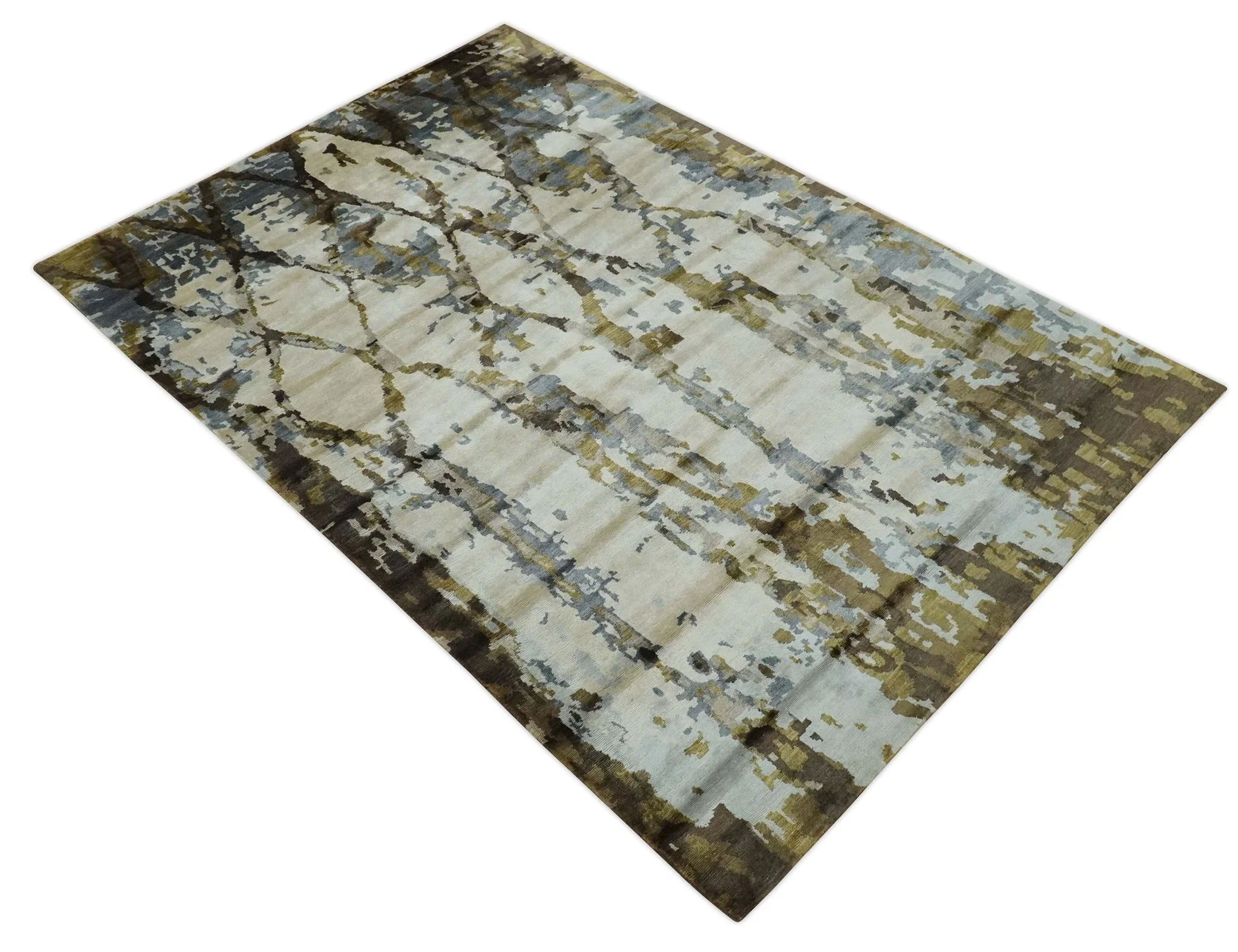 Ivory, Olive and Gray Modern Abstract 6x9 Hand Knotted Bamboo Silk Area Rug - Image 9