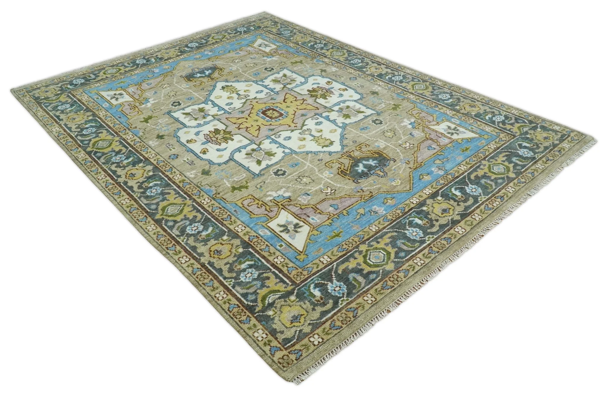 Custom Made Hand Knotted Ivory, Camel and Teal Modern Heriz Serapi Wool Rug - Image 10