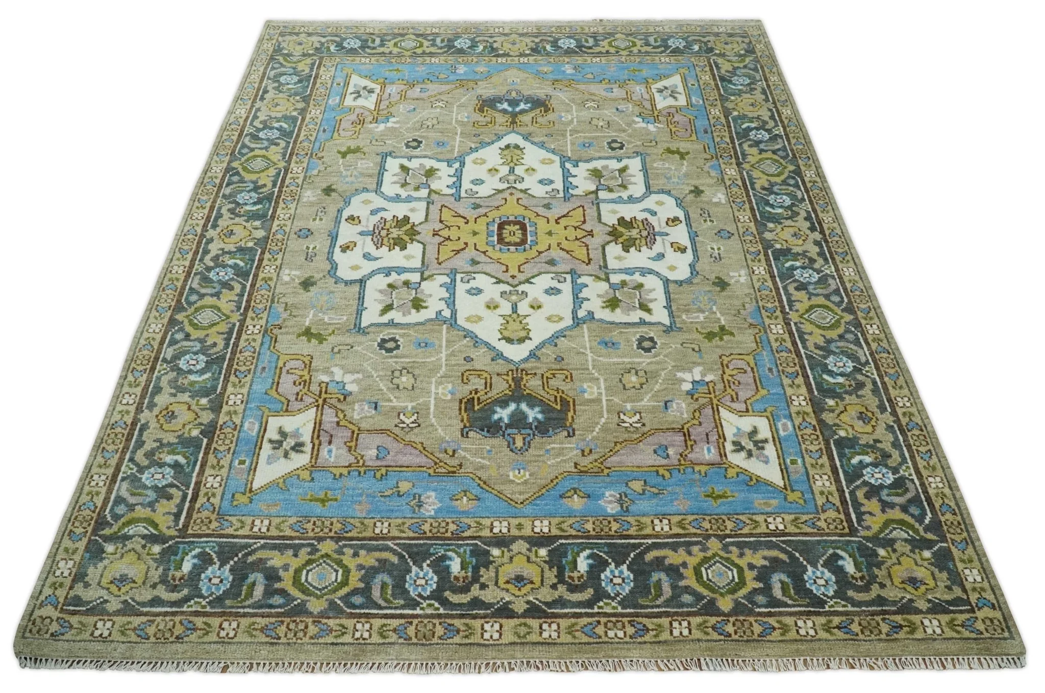 Custom Made Hand Knotted Ivory, Camel and Teal Modern Heriz Serapi Wool Rug - Image 11