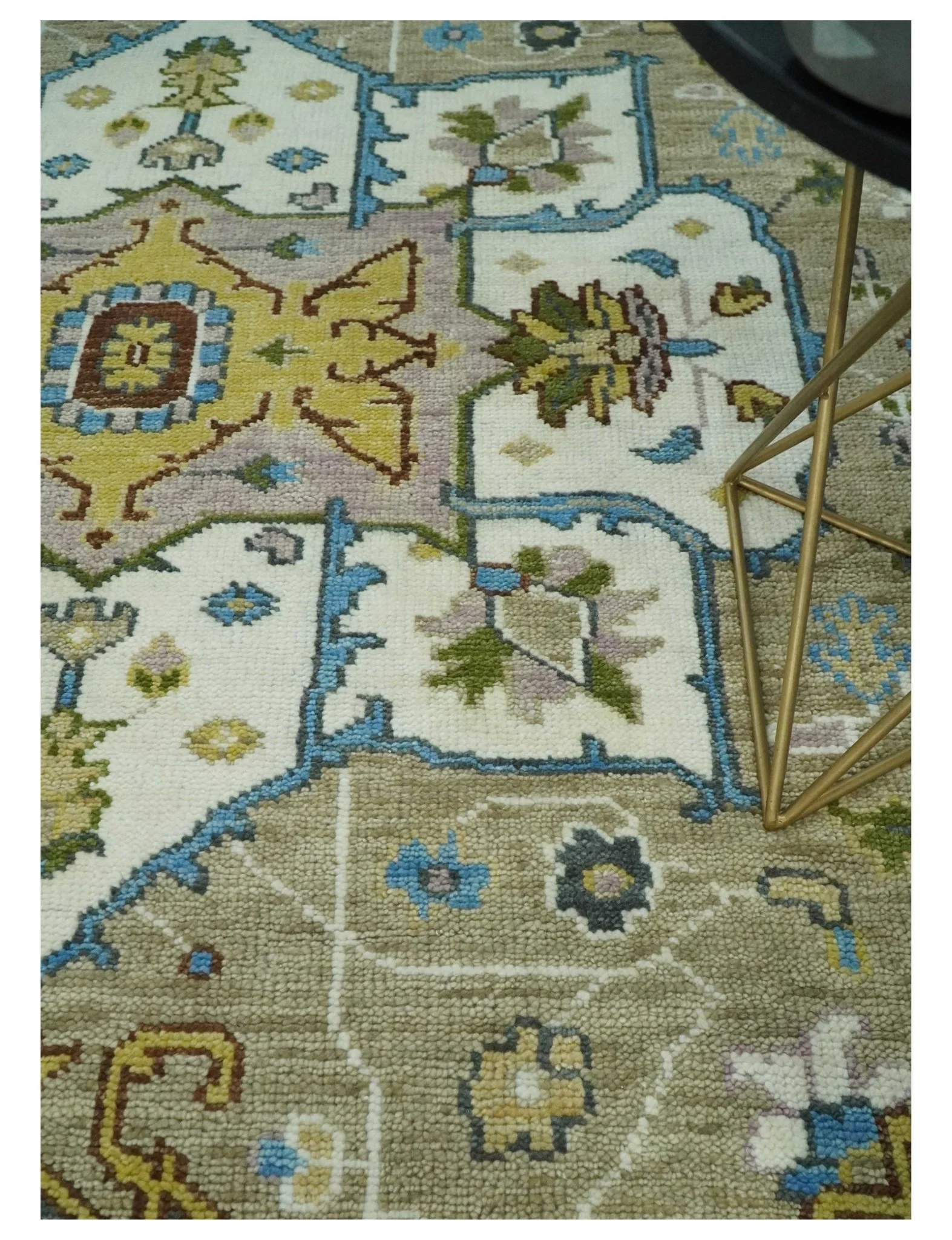 Custom Made Hand Knotted Ivory, Camel and Teal Modern Heriz Serapi Wool Rug - Image 2