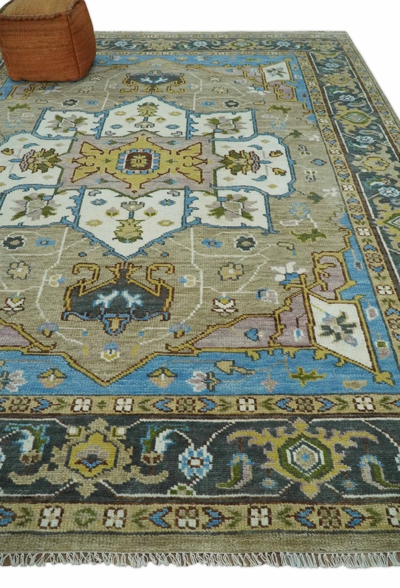 Custom Made Hand Knotted Ivory, Camel and Teal Modern Heriz Serapi Wool Rug - Image 3
