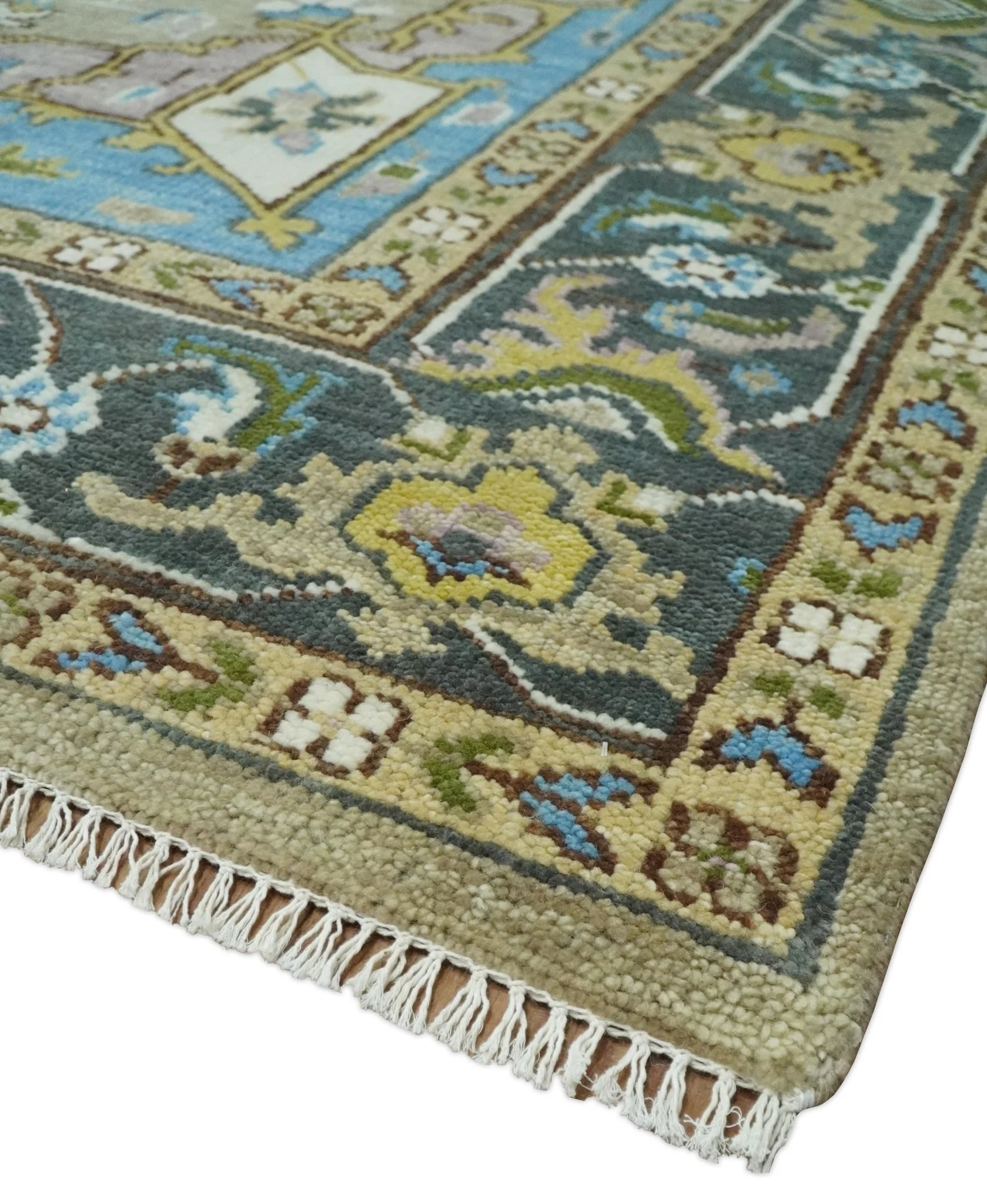 Custom Made Hand Knotted Ivory, Camel and Teal Modern Heriz Serapi Wool Rug - Image 5