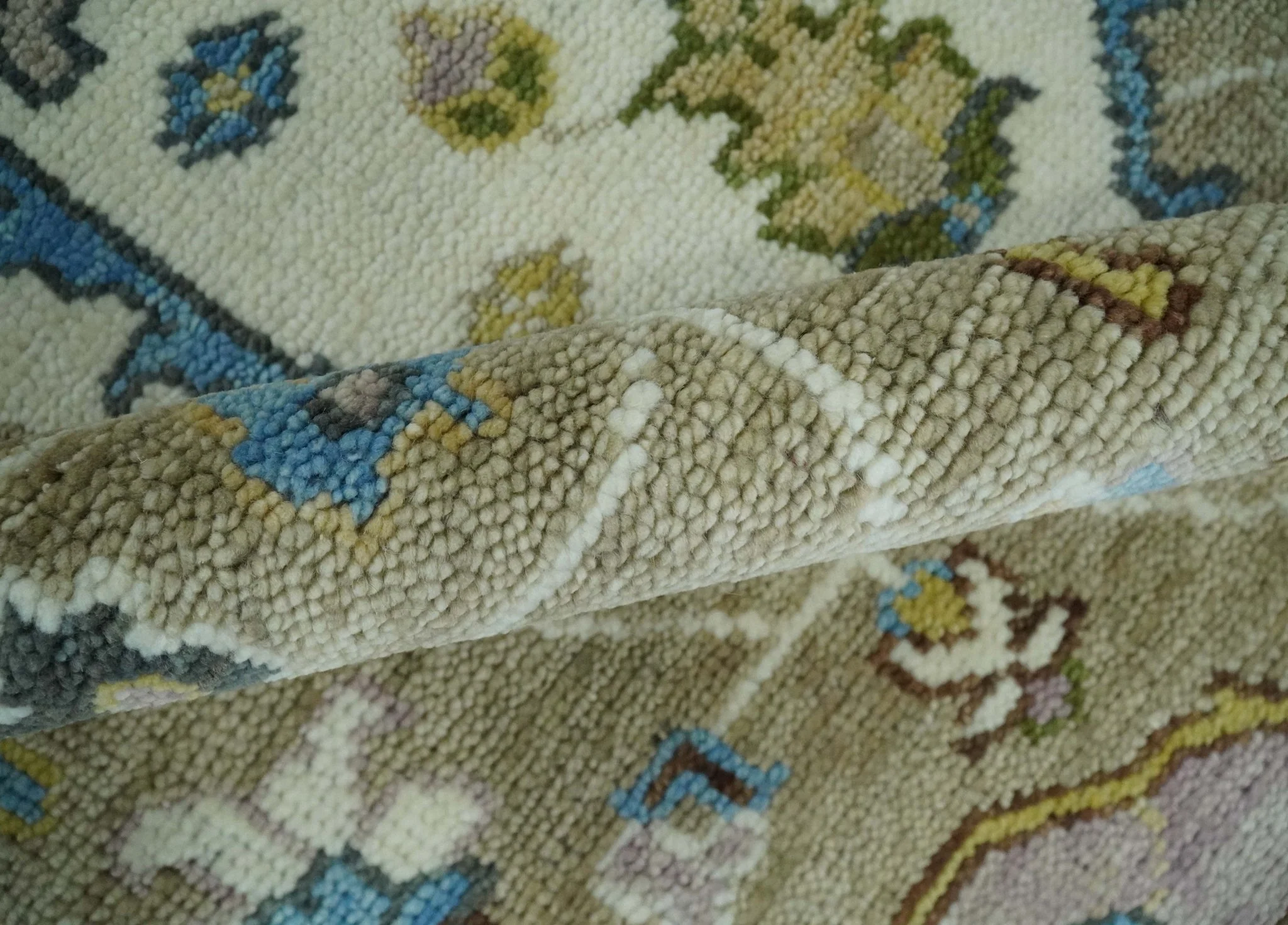 Custom Made Hand Knotted Ivory, Camel and Teal Modern Heriz Serapi Wool Rug - Image 6