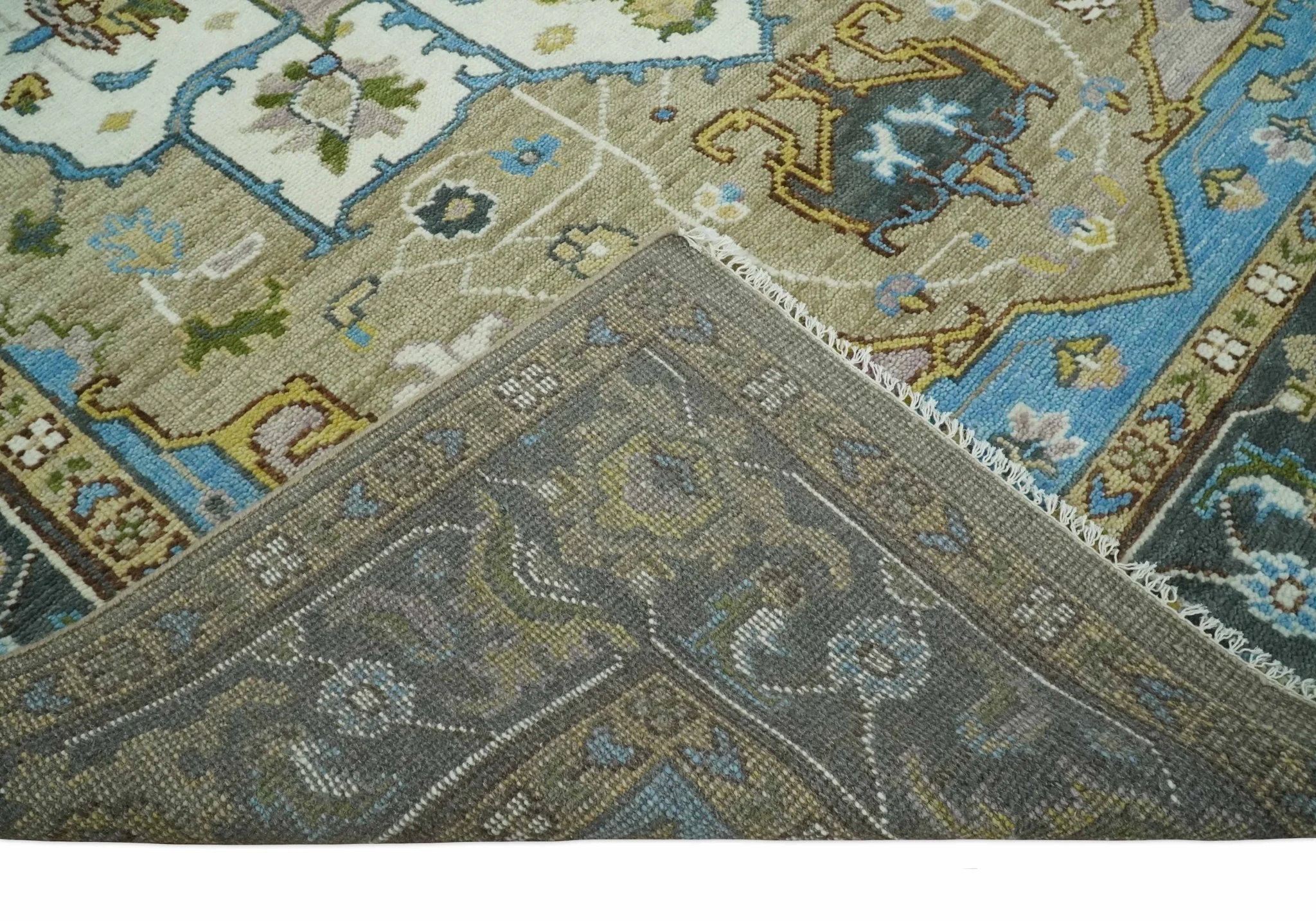 Custom Made Hand Knotted Ivory, Camel and Teal Modern Heriz Serapi Wool Rug - Image 7
