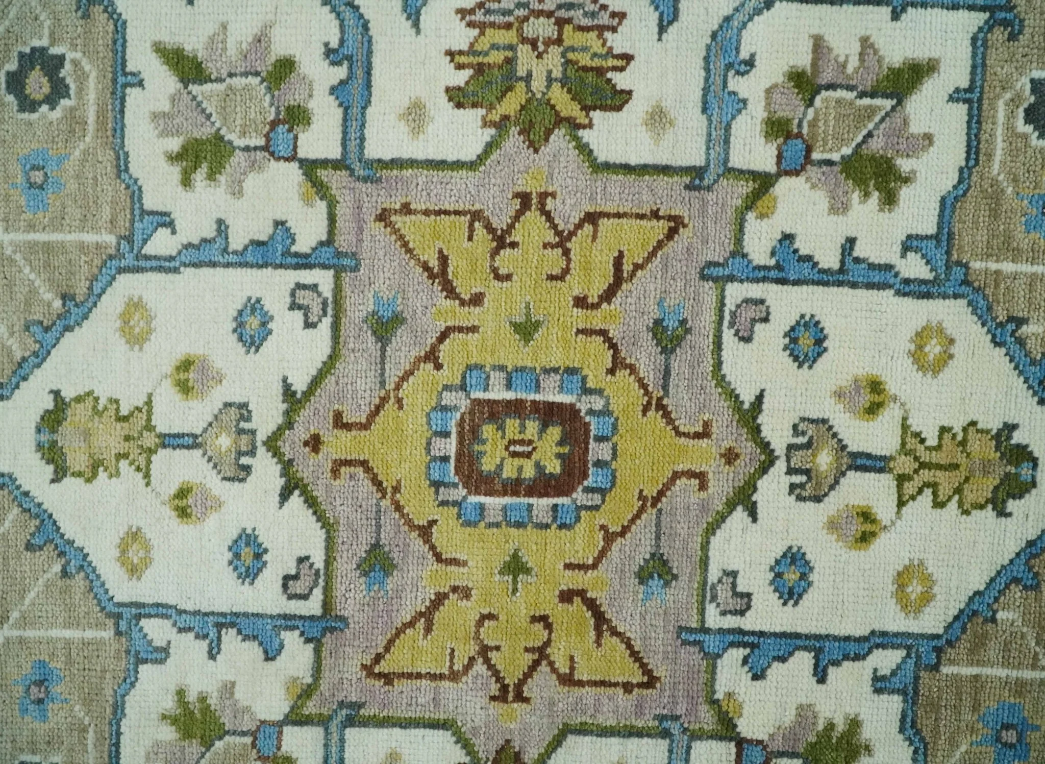 Custom Made Hand Knotted Ivory, Camel and Teal Modern Heriz Serapi Wool Rug - Image 9
