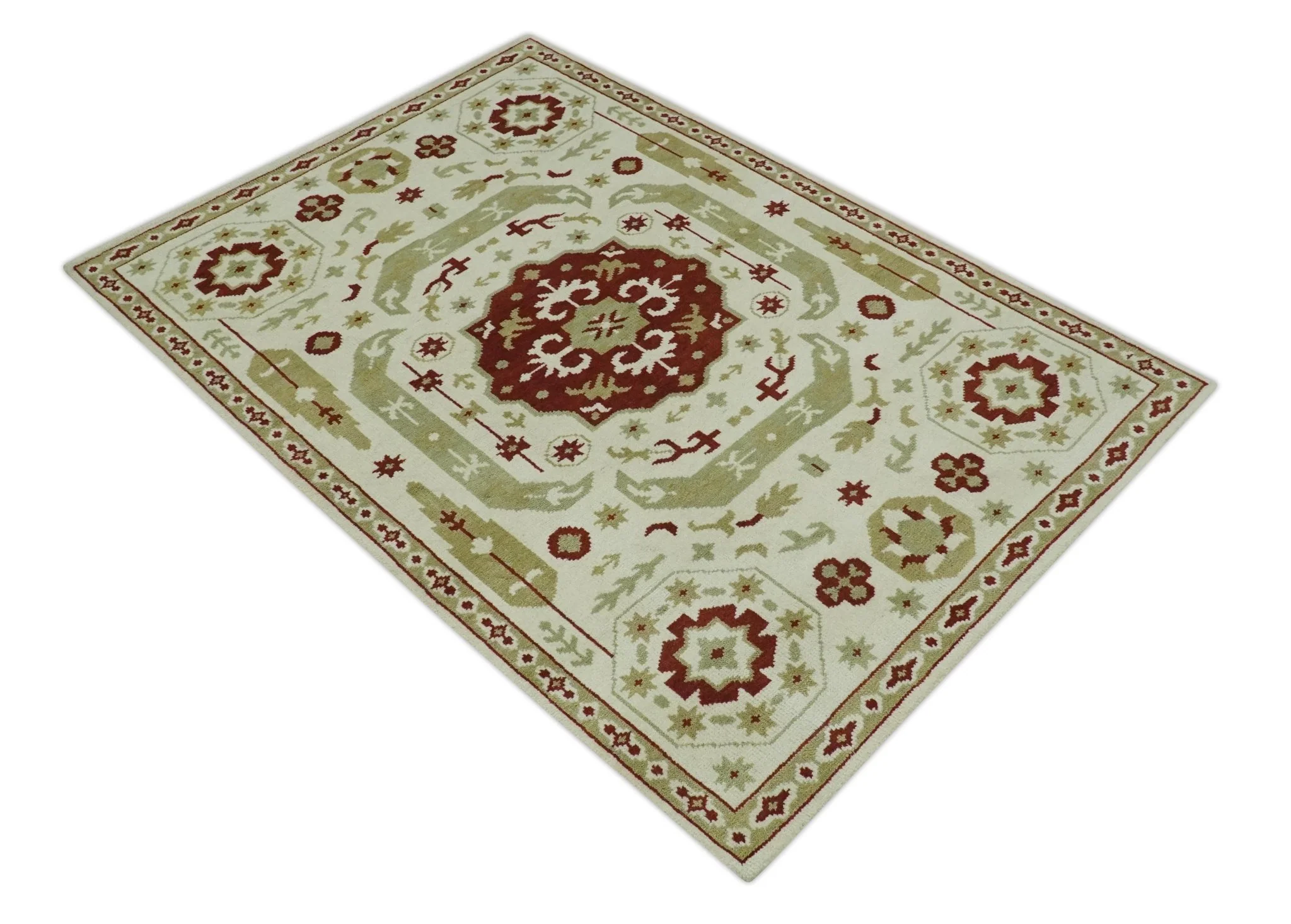 Custom Made Ivory, Olive and Maroon Traditional Medallion Mamluk Design wool Rug - Image 10