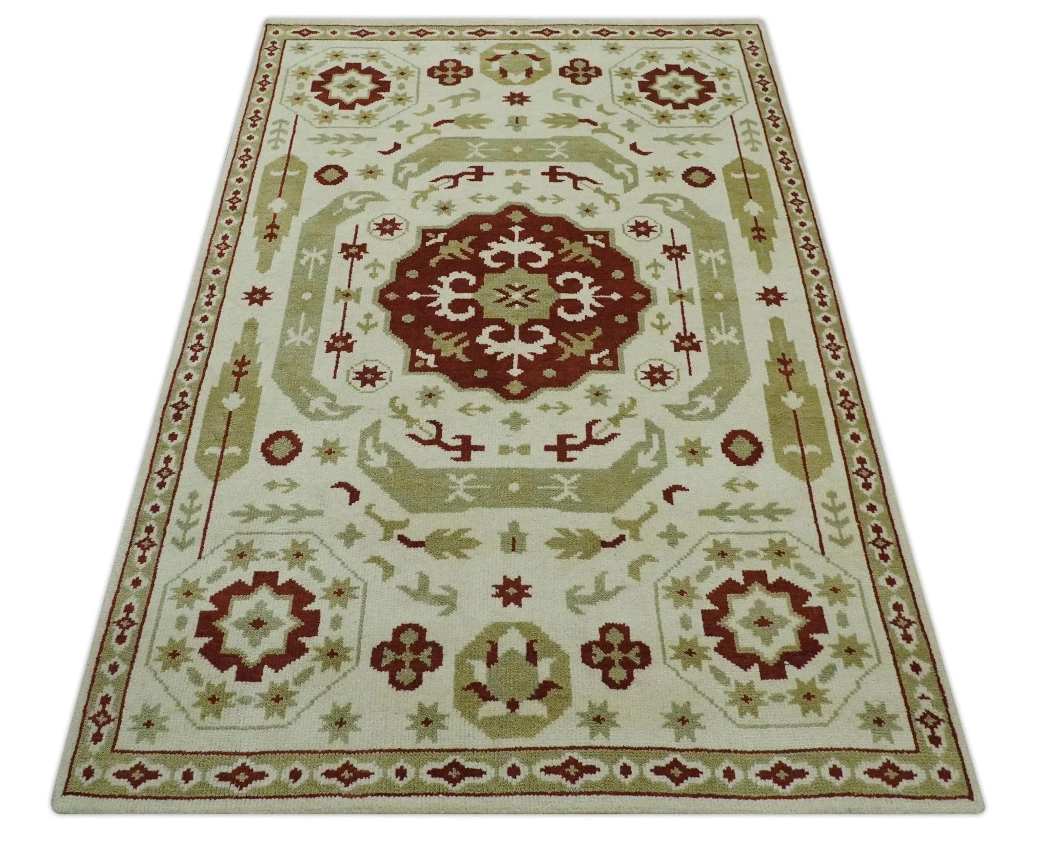 Custom Made Ivory, Olive and Maroon Traditional Medallion Mamluk Design wool Rug - Image 11