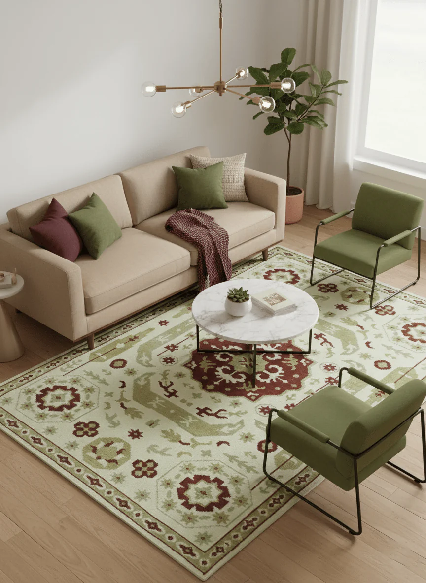 Custom Made Ivory, Olive and Maroon Traditional Medallion Mamluk Design wool Rug - Image 2