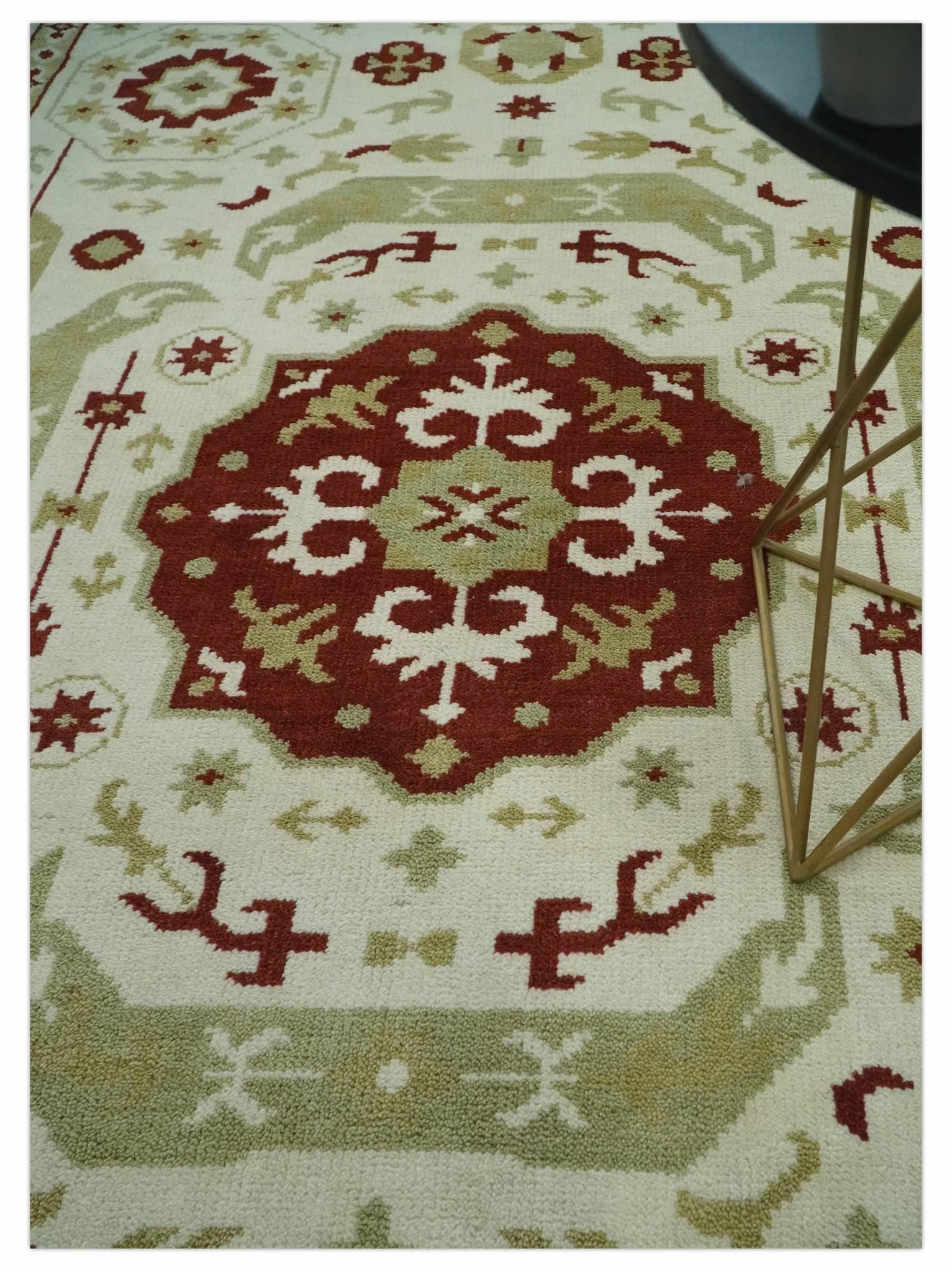 Custom Made Ivory, Olive and Maroon Traditional Medallion Mamluk Design wool Rug - Image 3