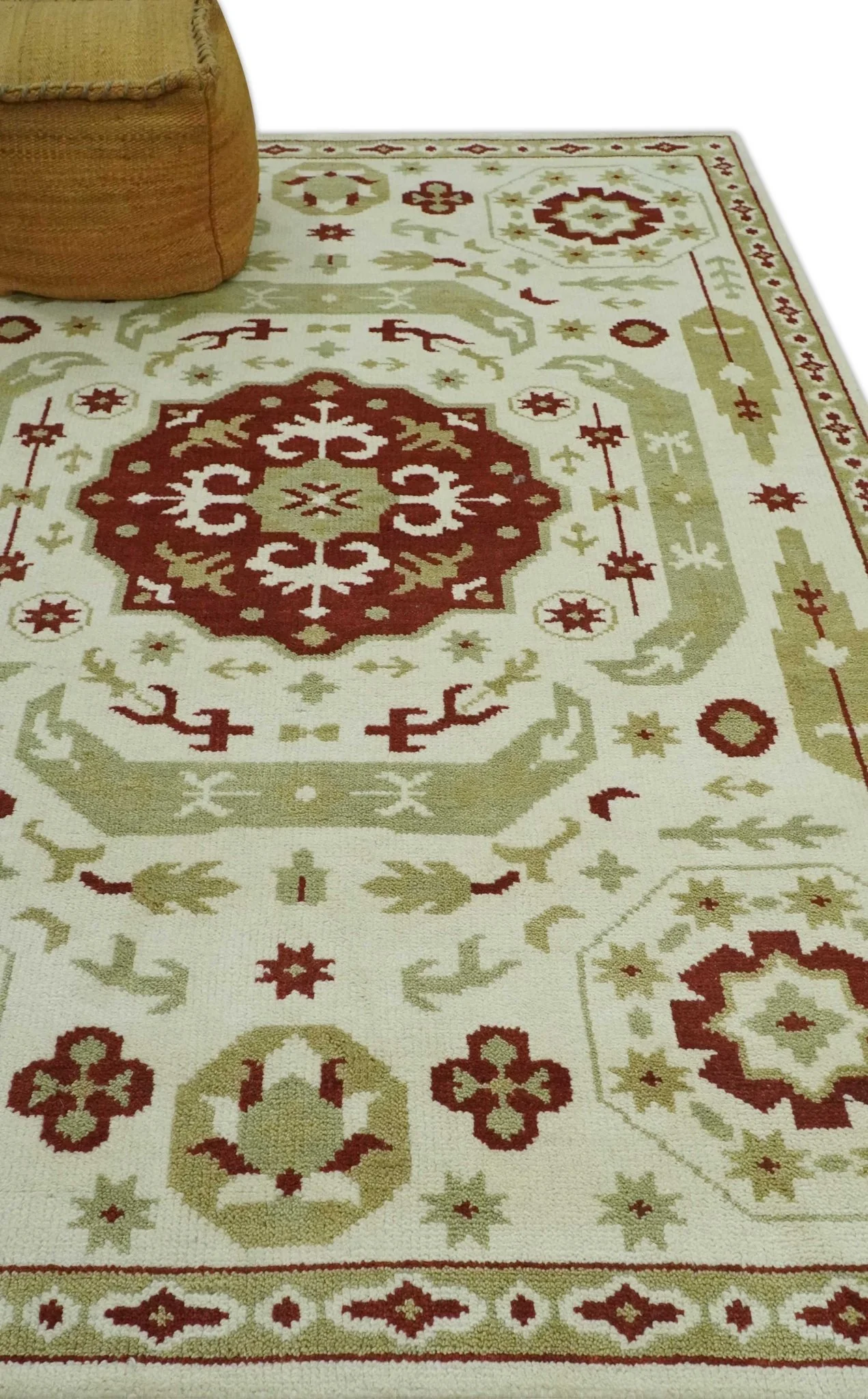 Custom Made Ivory, Olive and Maroon Traditional Medallion Mamluk Design wool Rug - Image 4
