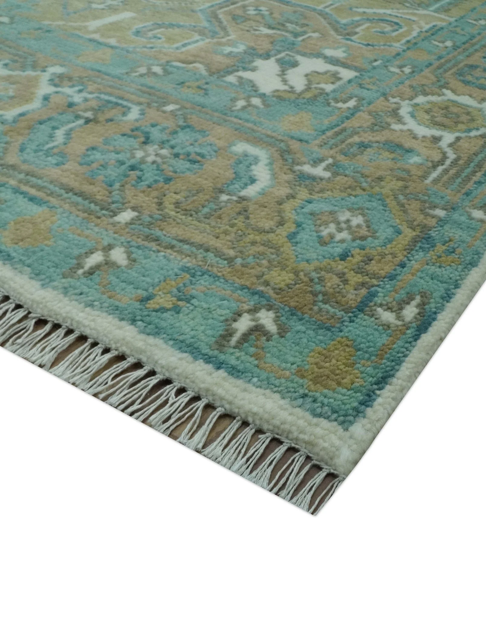 Ivory, Olive and Teal Hand Knotted Traditional Heriz 8x10 wool area rug - Image 5
