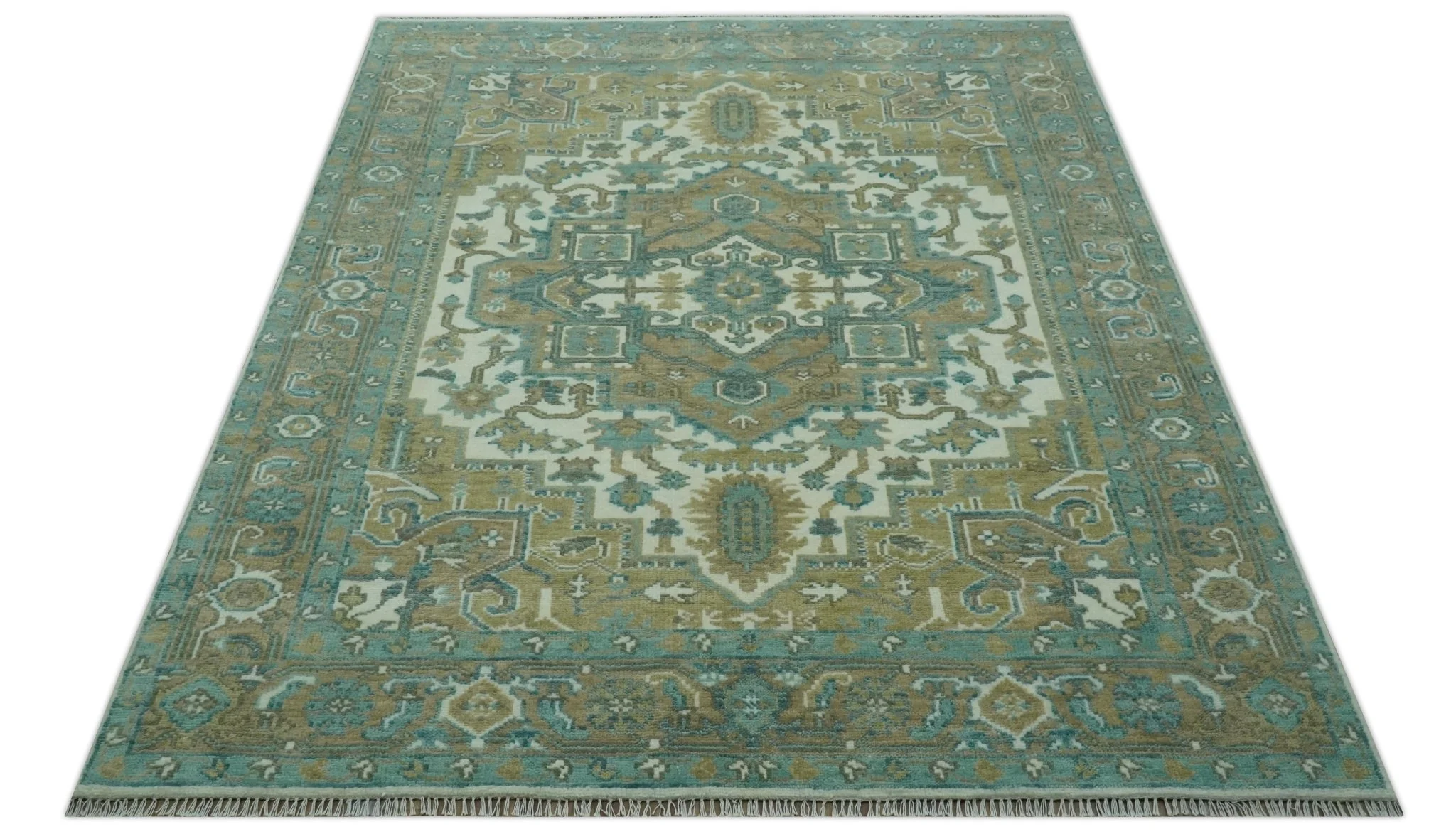 Ivory, Olive and Teal Hand Knotted Traditional Heriz 8x10 wool area rug - Image 9