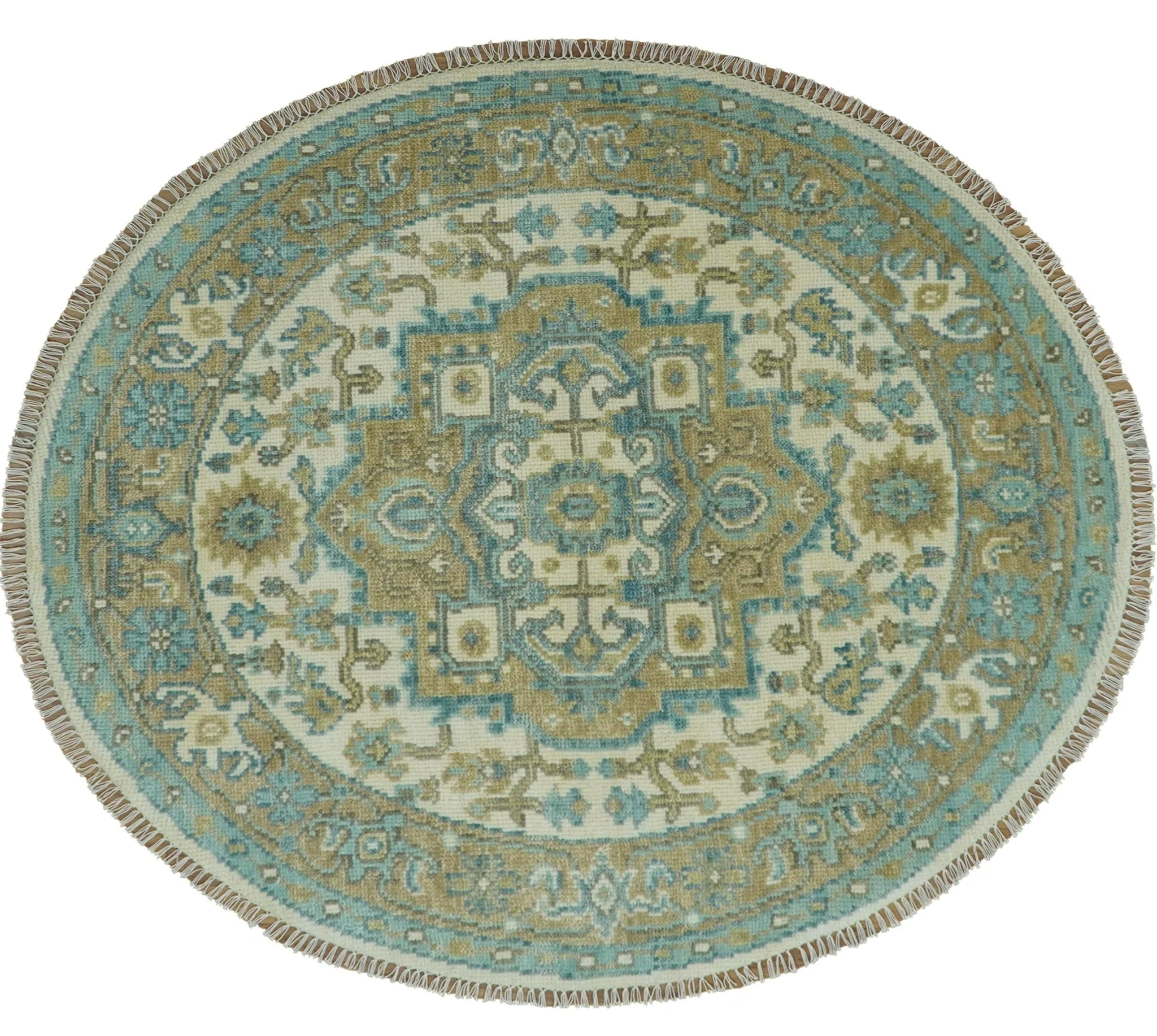 Ivory, Olive and Teal Hand Knotted Traditional Heriz Custom Made wool area rug - Image 11