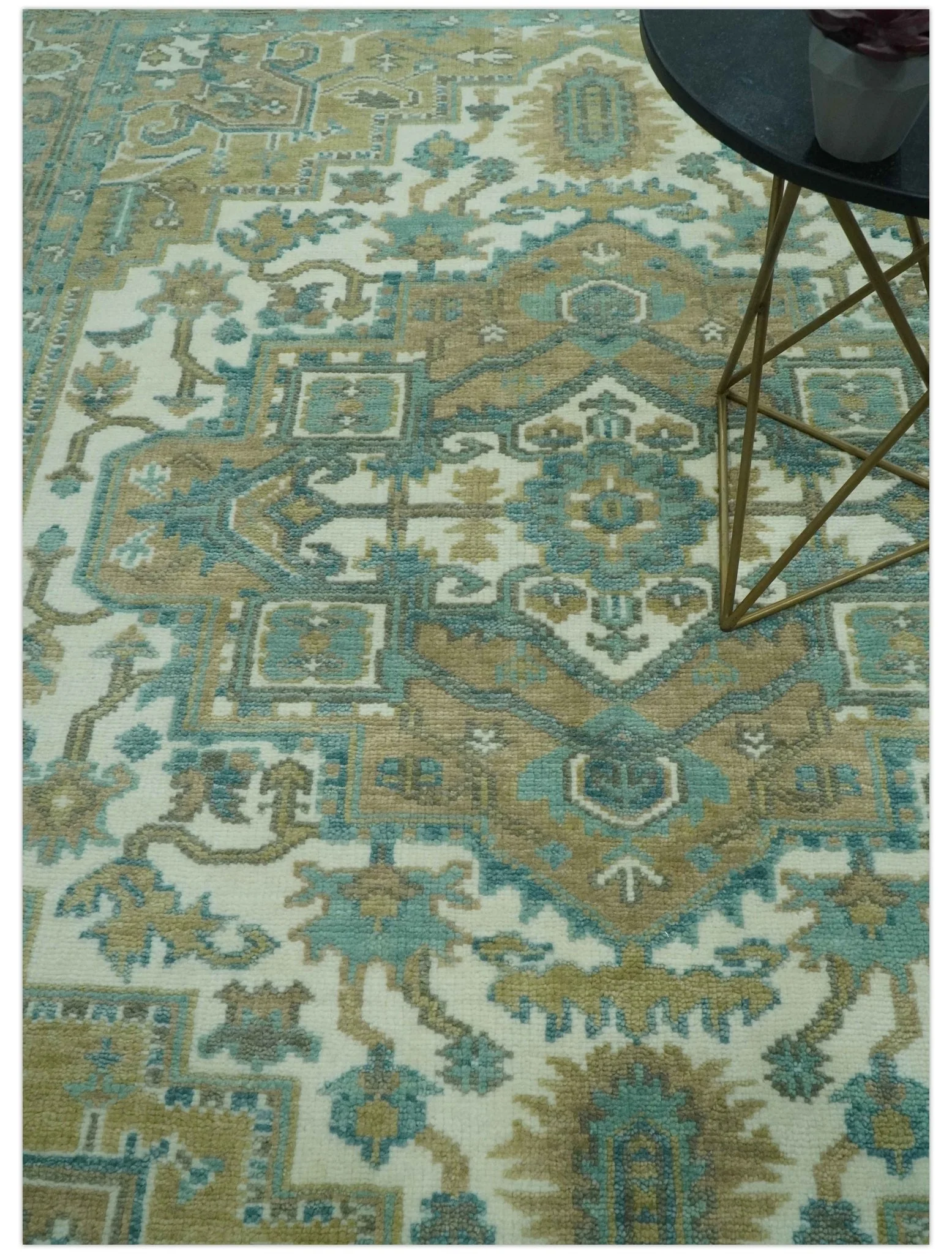 Ivory, Olive and Teal Hand Knotted Traditional Heriz Custom Made wool area rug - Image 2