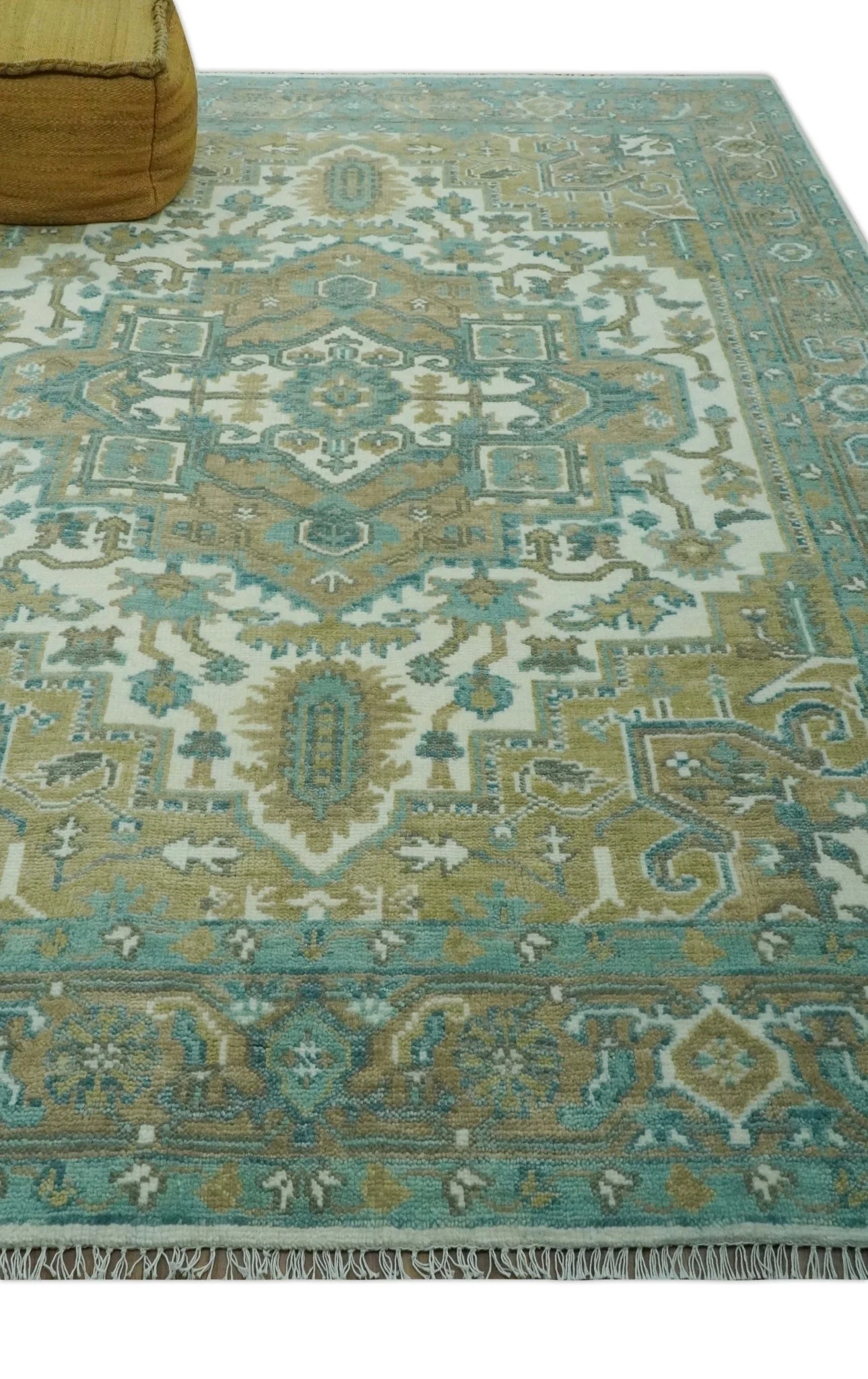 Ivory, Olive and Teal Hand Knotted Traditional Heriz Custom Made wool area rug - Image 3