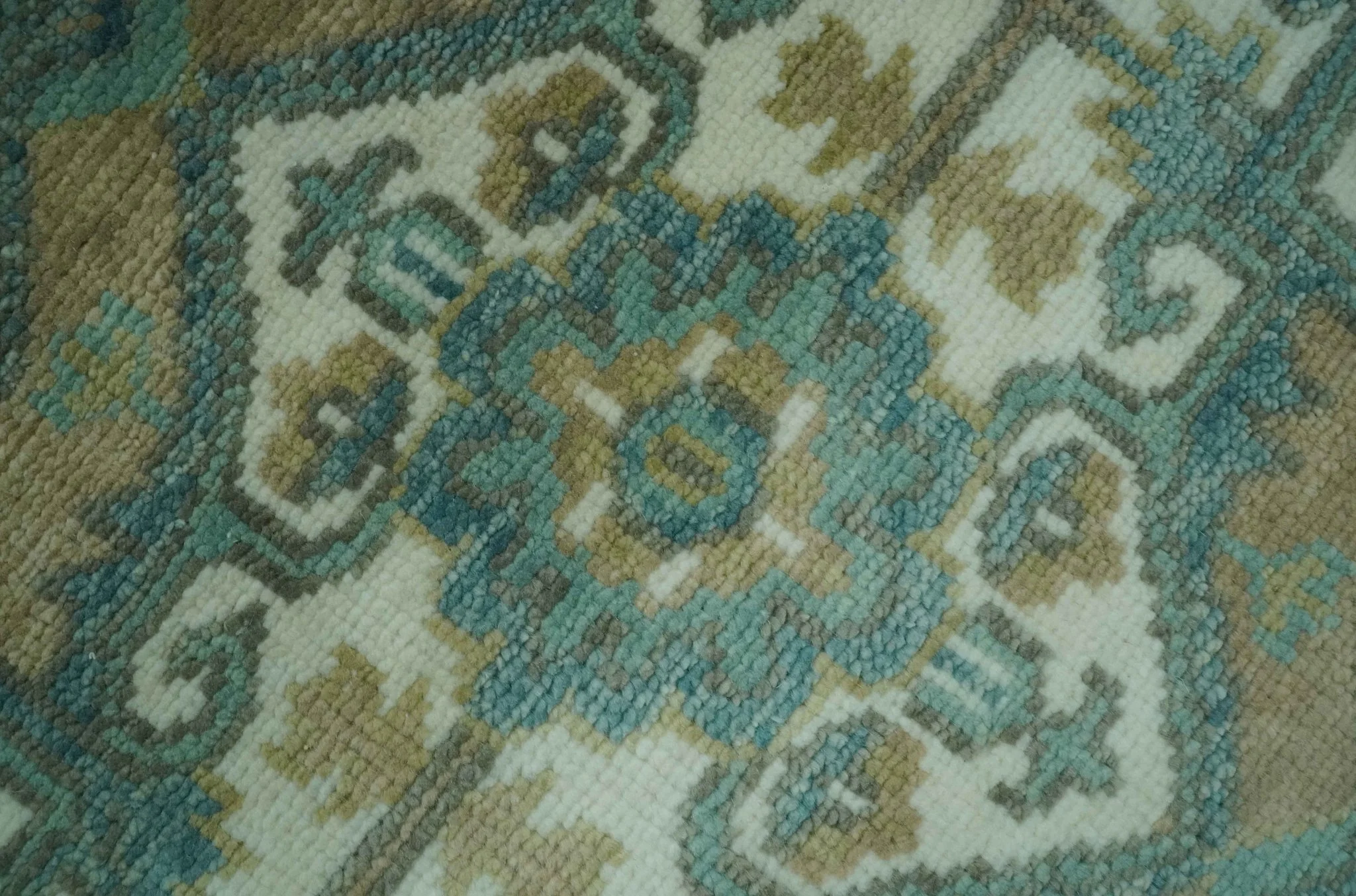 Ivory, Olive and Teal Hand Knotted Traditional Heriz Custom Made wool area rug - Image 4