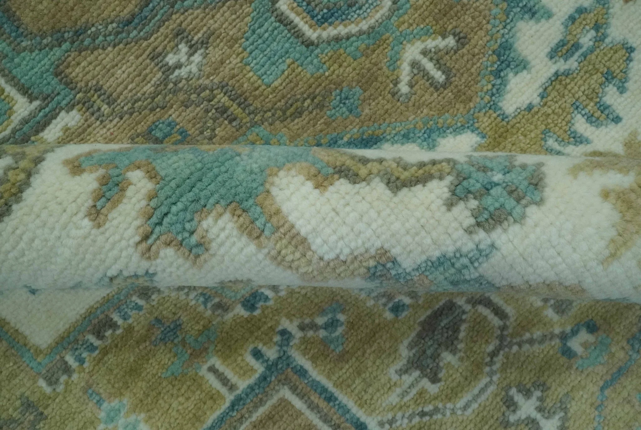 Ivory, Olive and Teal Hand Knotted Traditional Heriz Custom Made wool area rug - Image 6