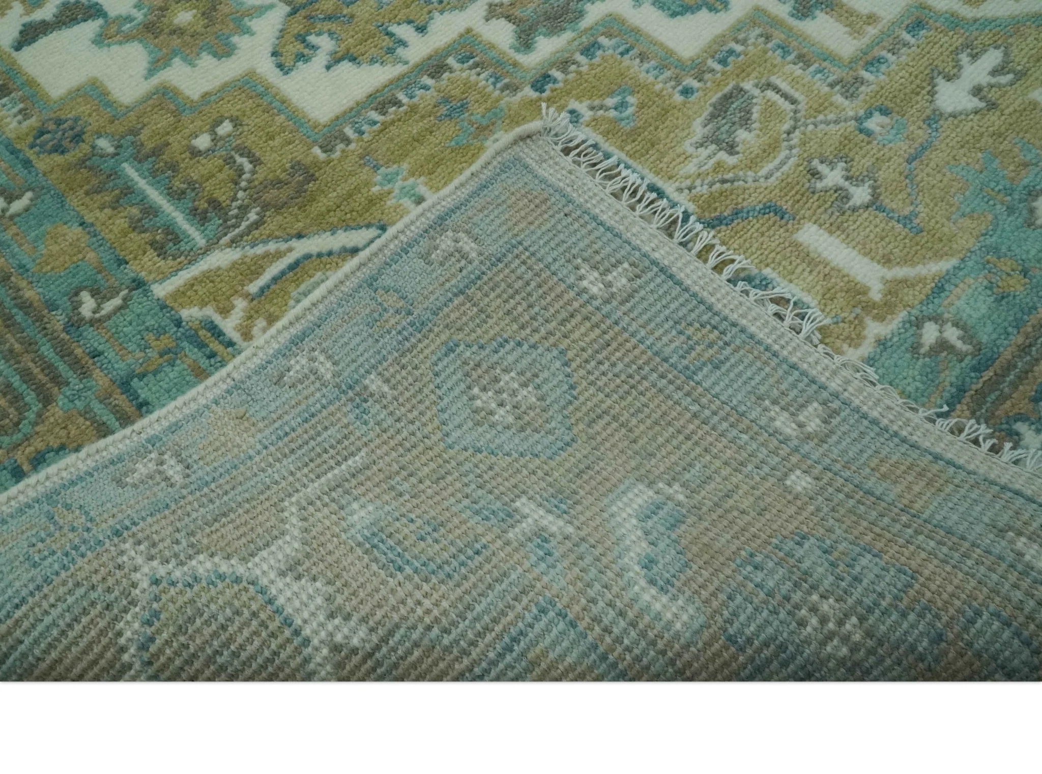 Ivory, Olive and Teal Hand Knotted Traditional Heriz Custom Made wool area rug - Image 7