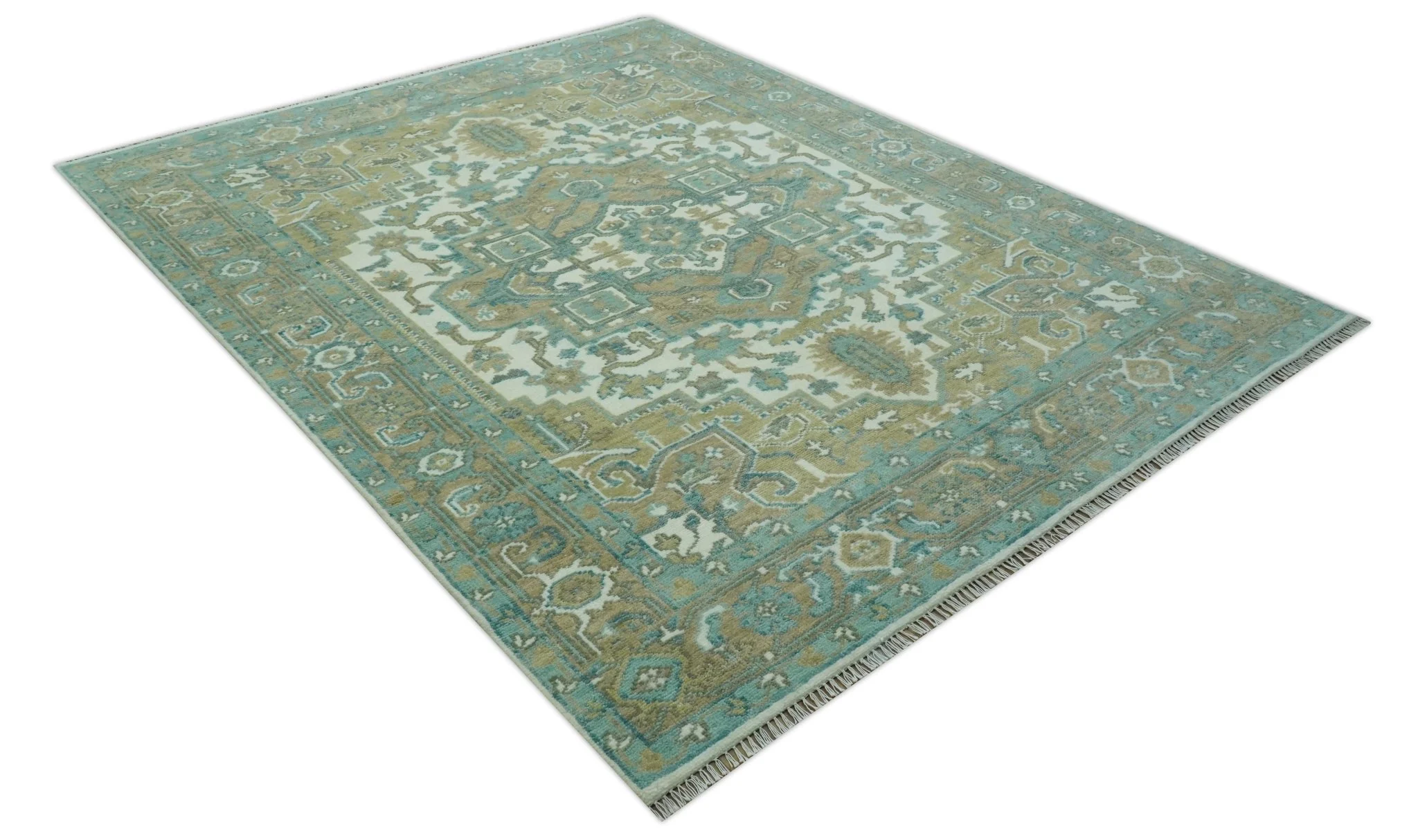 Ivory, Olive and Teal Hand Knotted Traditional Heriz Custom Made wool area rug - Image 9