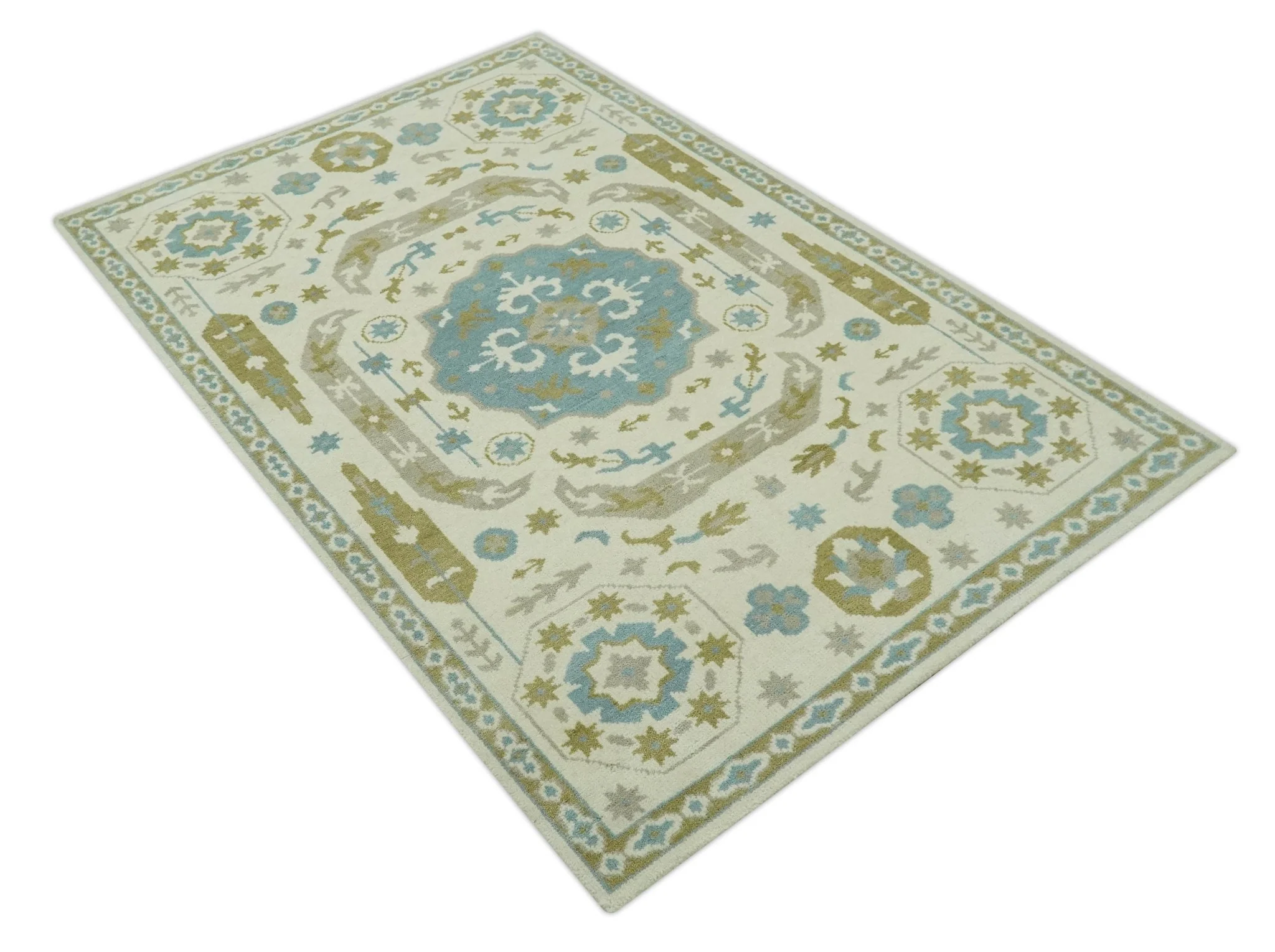 Custom Made Ivory, Olive and Teal Hand Knotted Traditional Medallion Mamluk Design wool Rug - Image 10