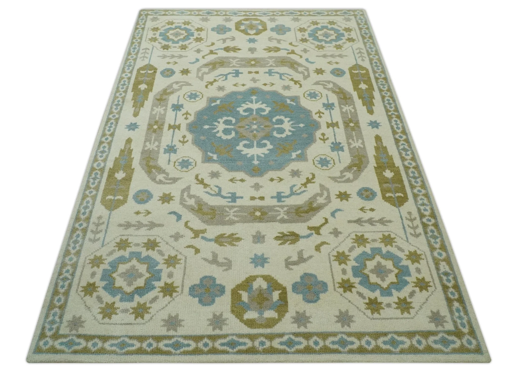 Custom Made Ivory, Olive and Teal Hand Knotted Traditional Medallion Mamluk Design wool Rug - Image 11