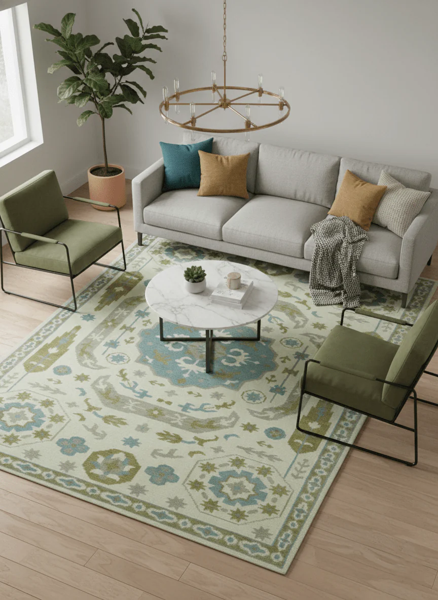 Custom Made Ivory, Olive and Teal Hand Knotted Traditional Medallion Mamluk Design wool Rug - Image 2