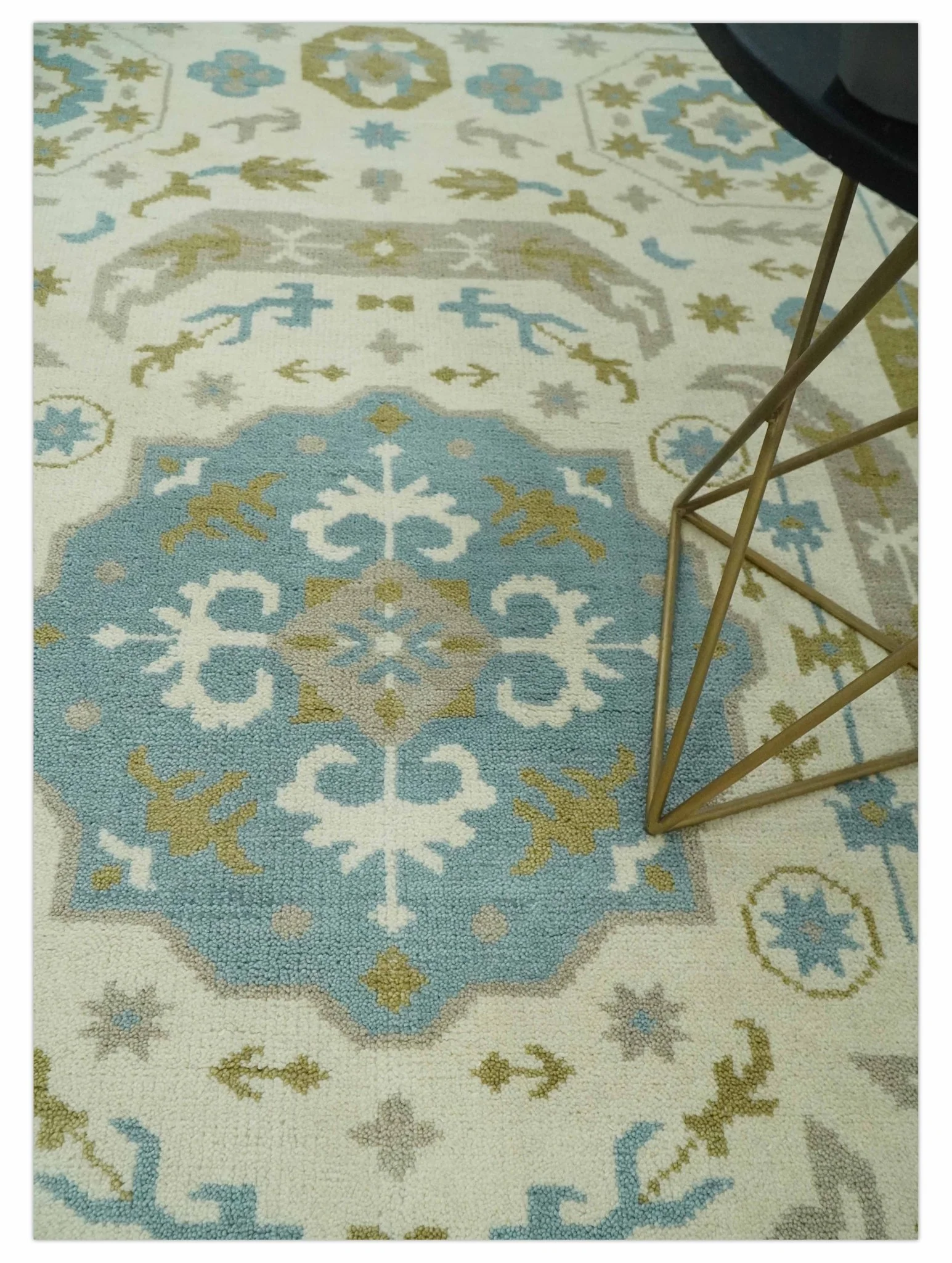 Custom Made Ivory, Olive and Teal Hand Knotted Traditional Medallion Mamluk Design wool Rug - Image 3