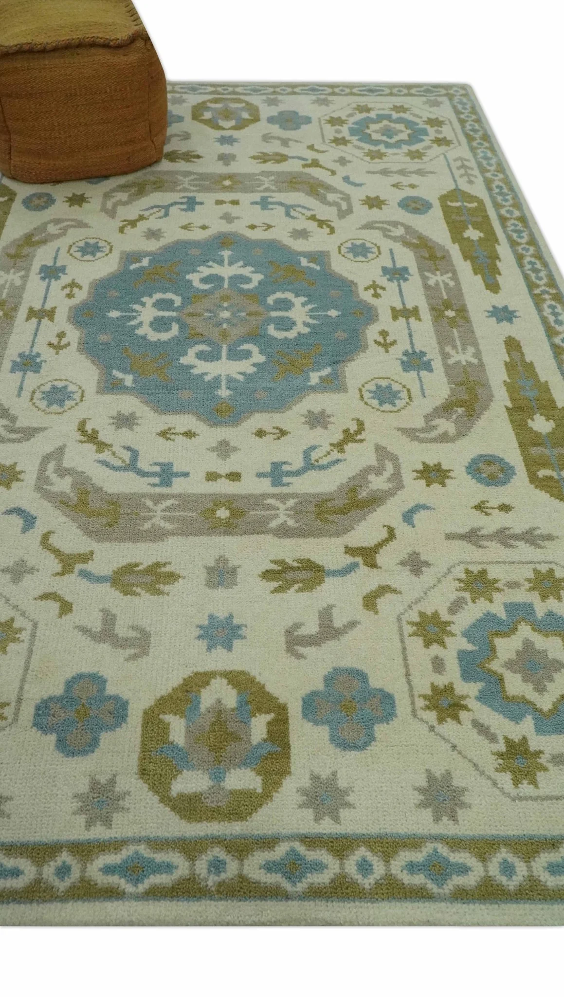 6x9 Ivory, Olive and Teal Hand Knotted Traditional Medallion Mamluk Design wool Area Rug - Image 3
