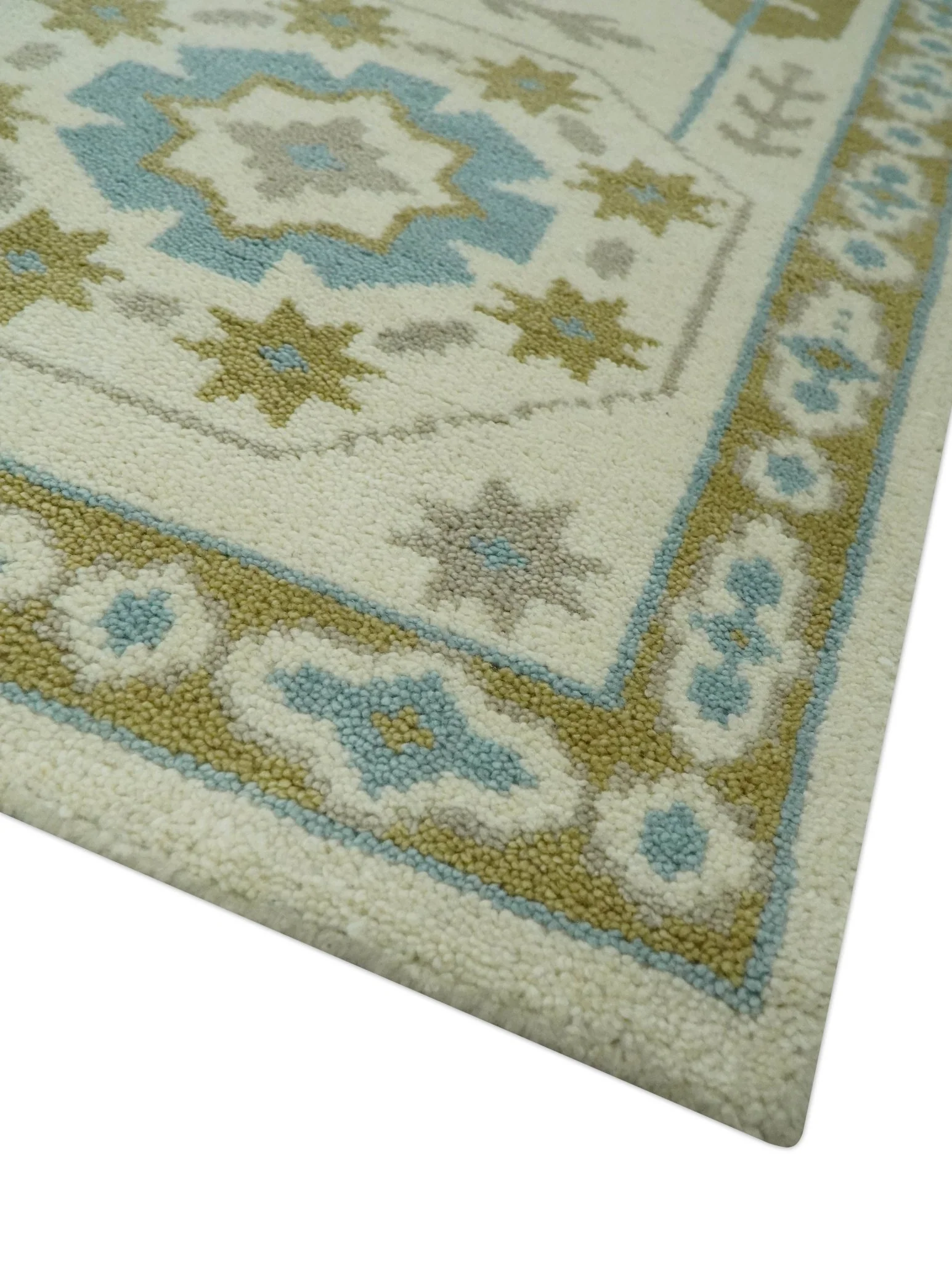 6x9 Ivory, Olive and Teal Hand Knotted Traditional Medallion Mamluk Design wool Area Rug - Image 5