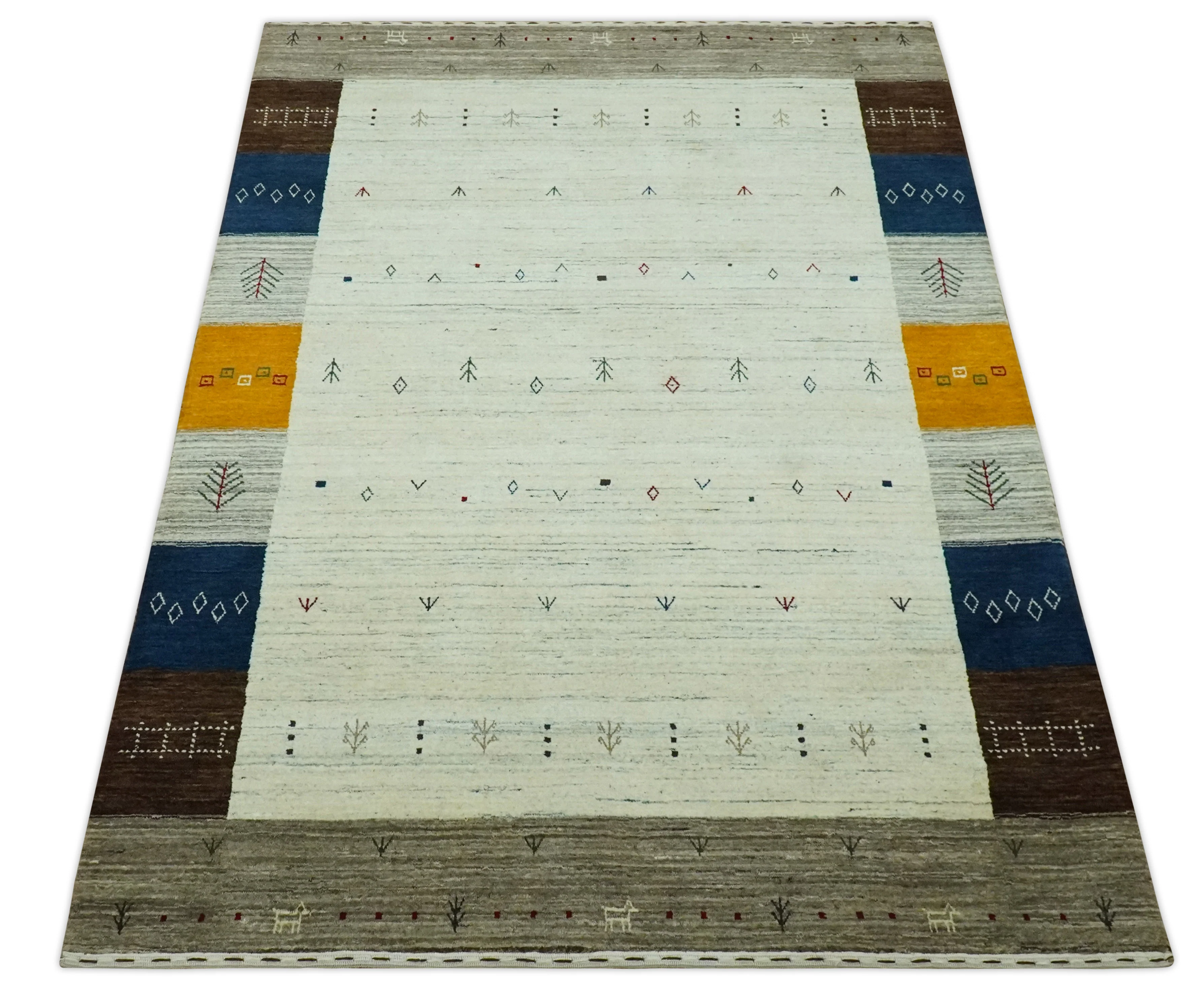 Ivory, Olive, Blue and Charcoal Handloom Tribal Gabbeh Multi Size wool Area Rug - Image 10