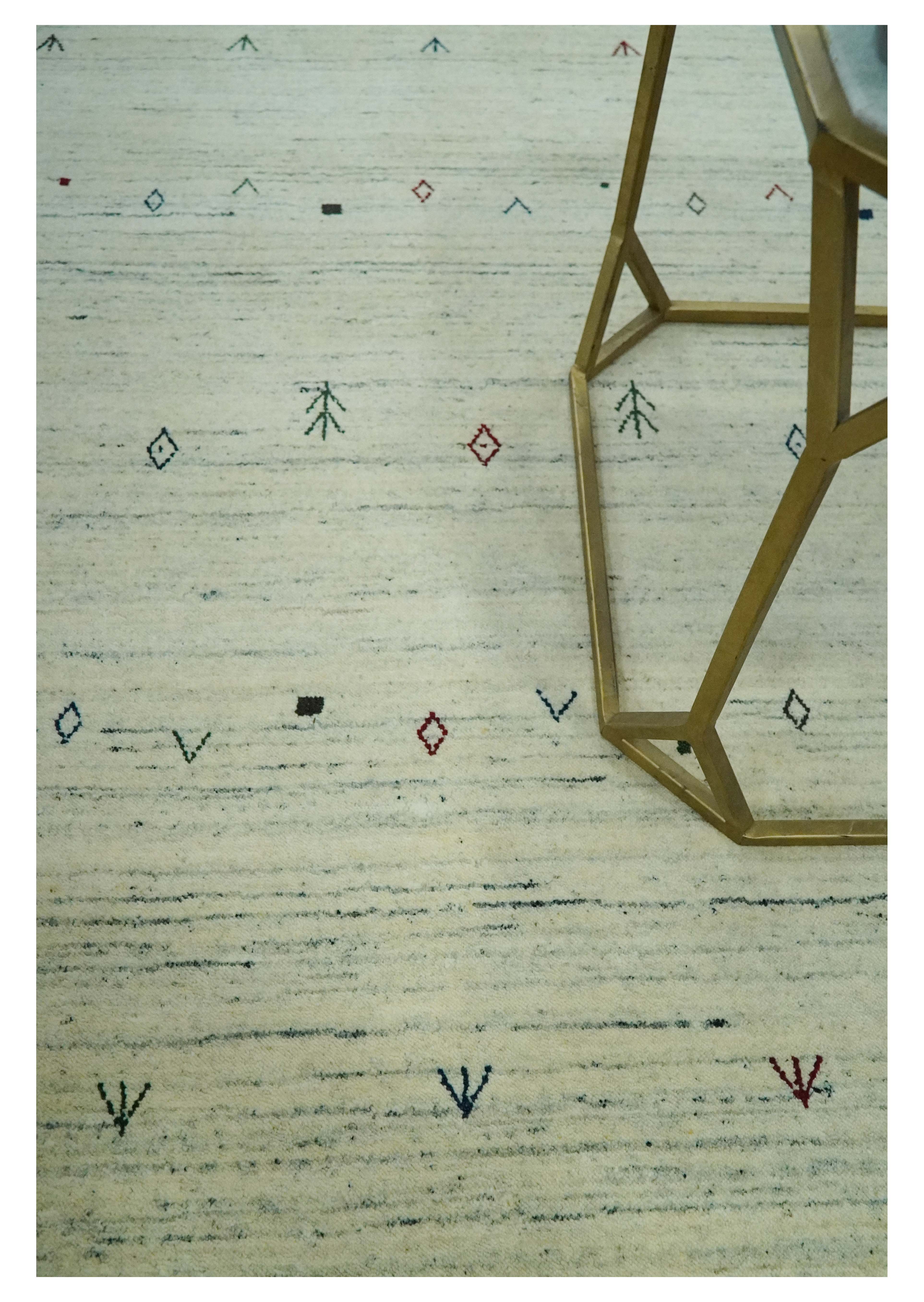 Ivory, Olive, Blue and Charcoal Handloom Tribal Gabbeh Multi Size wool Area Rug - Image 2