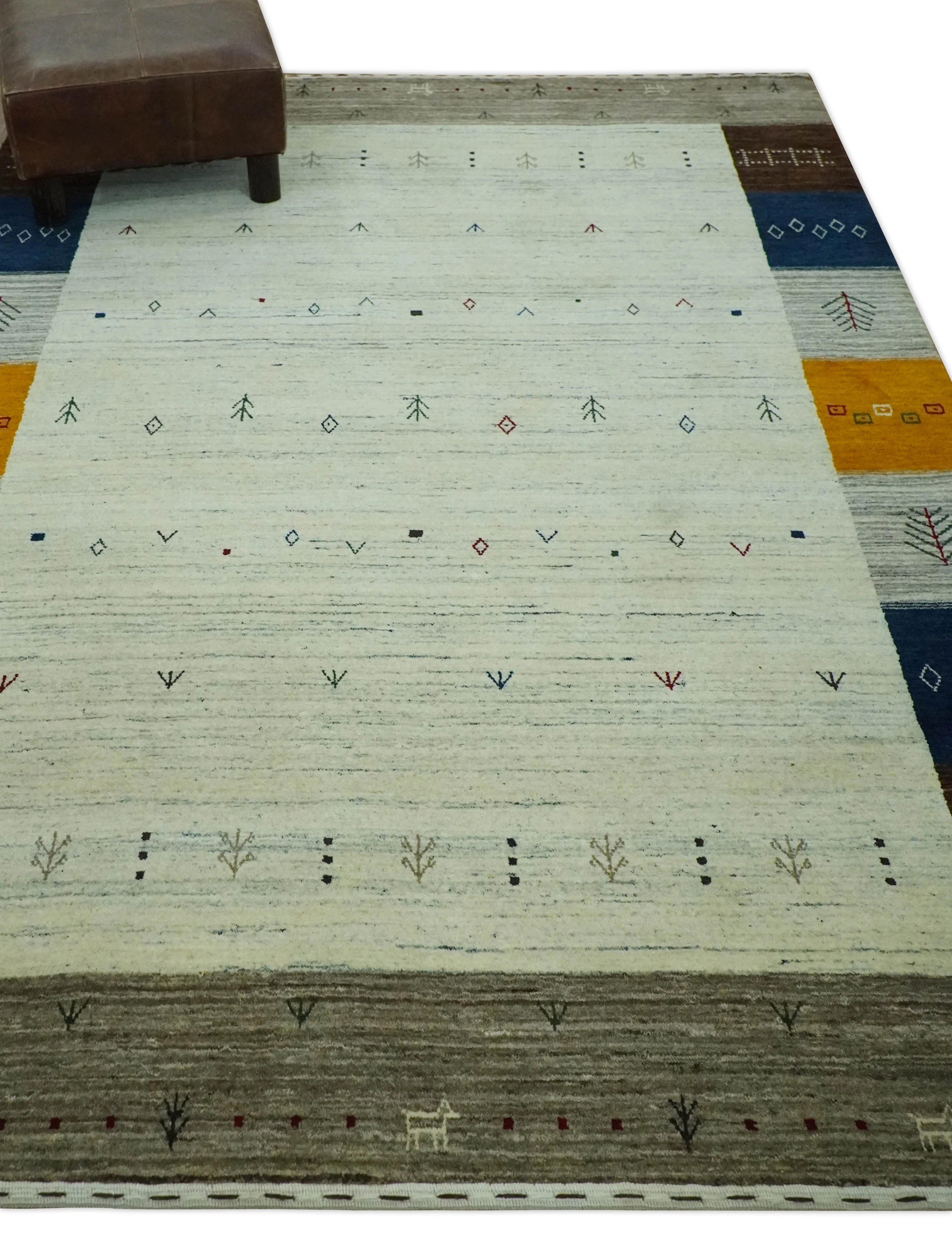 Ivory, Olive, Blue and Charcoal Handloom Tribal Gabbeh Multi Size wool Area Rug - Image 3