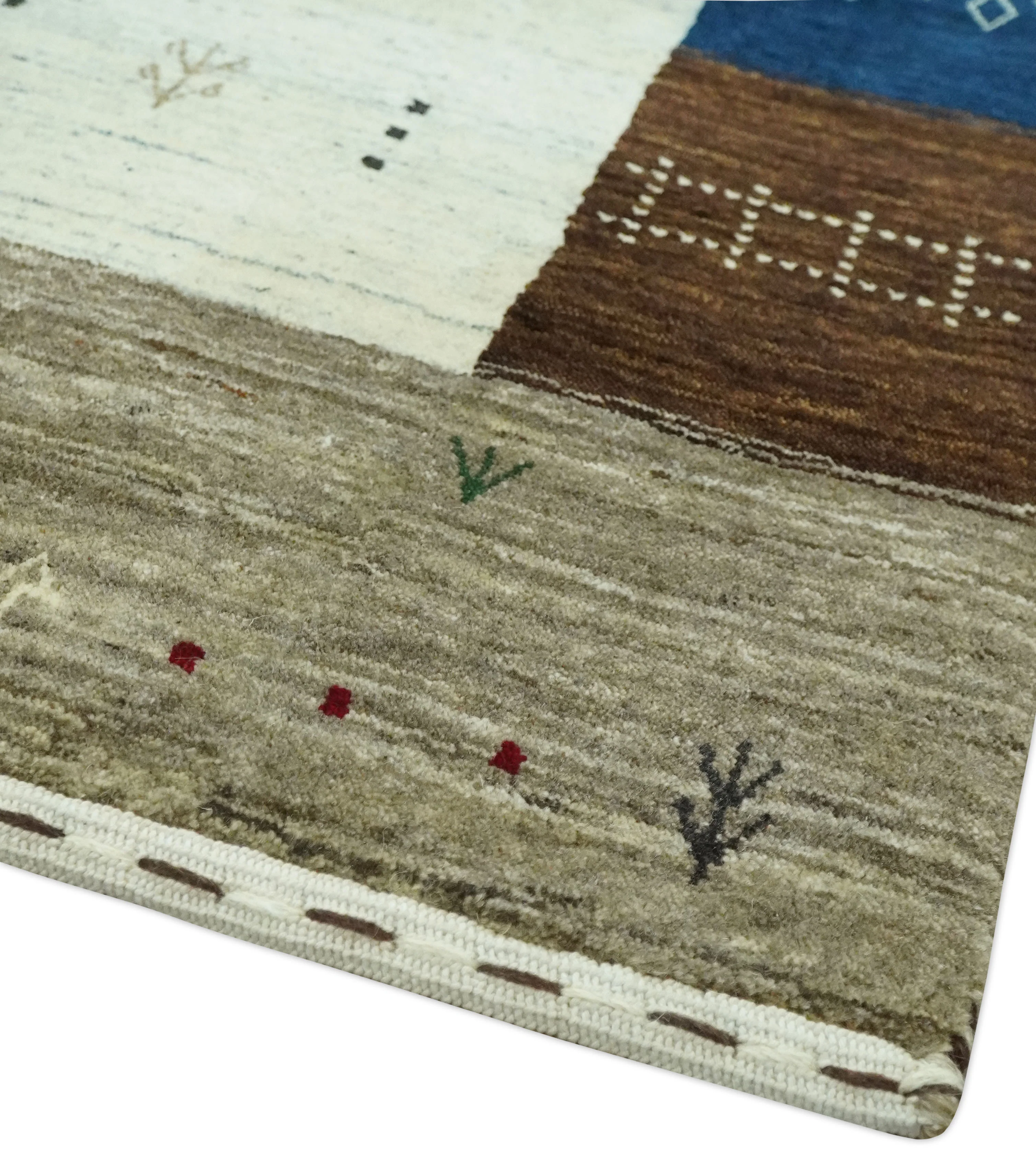 Ivory, Olive, Blue and Charcoal Handloom Tribal Gabbeh Multi Size wool Area Rug - Image 5