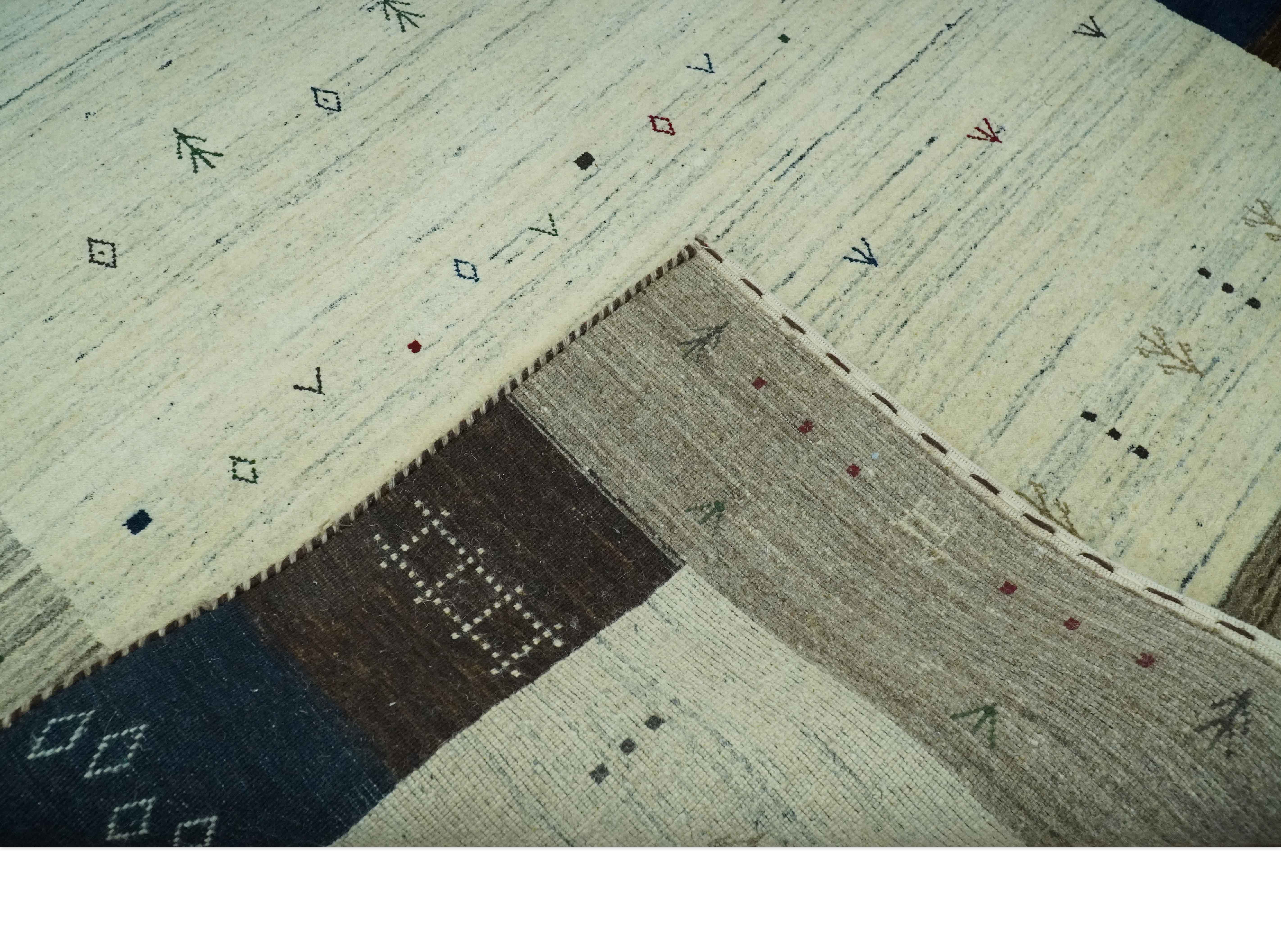 Ivory, Olive, Blue and Charcoal Handloom Tribal Gabbeh Multi Size wool Area Rug - Image 6